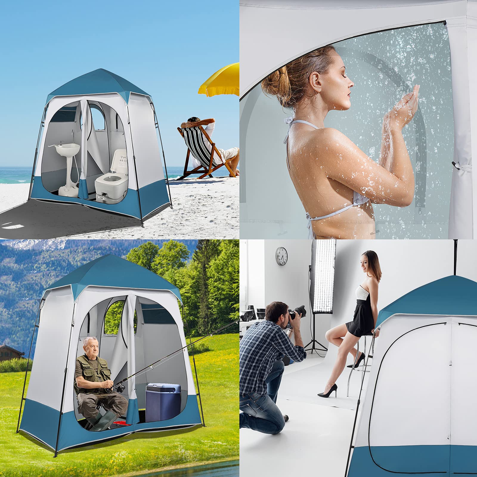 Outvita Oversized 2-Room Shower Tent - 7.5 FT Tall Pop Up Changing Room for Camping, Instant Extra Wide Privacy Shelter with Carry Bag (Blue & White) - Perfect for Outdoor Showers, Beach Changing & Camping Toilet