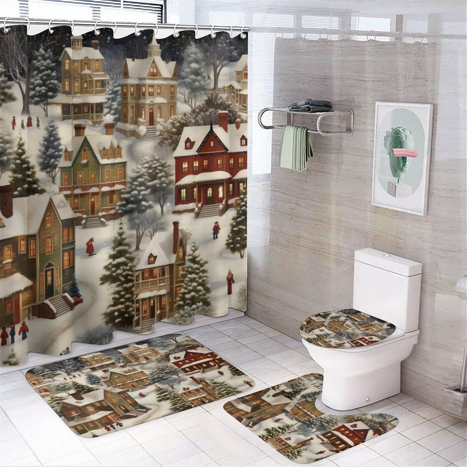 Victorian Christmas Village 4-Piece Bathroom Rug Set with Non-Slip Toilet Mat & Waterproof Shower Curtain - Holiday Winter Scenes Bath Decor for Festive Home Decoration (Perfect for Christmas Bathroom Makeover & Gift Giving)