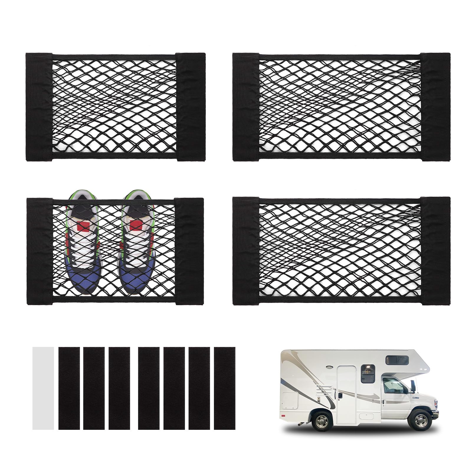 CARFIB Car Trunk Organizer - 4pcs Elastic Mesh Cargo Nets for SUV, Boat, RV - Wall Mount Storage Bag with Adhesive - Perfect for Organizing Small Items in Vehicles, Travel & Outdoor Adventures