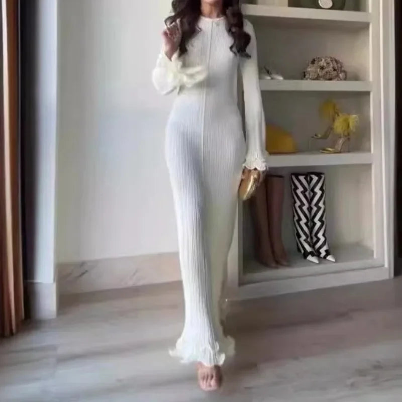 Elegant White Flared Sleeve Knit Dress for Women - Crew Neck Slim Fit Summer Party Dress | Perfect for Cocktail Parties, Date Nights & Office Wear