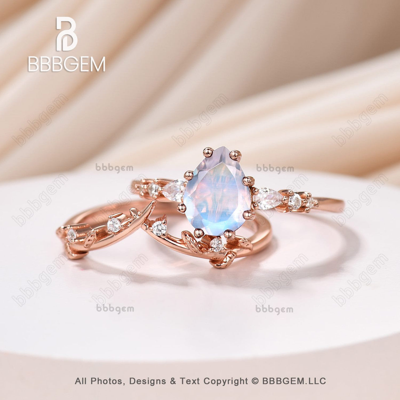 Pear Cut Moonstone & Moissanite Promise Ring Set for Women - Nature Inspired Leaf Stacking Band - Perfect for Engagement, Wedding, Anniversary Gifts & Everyday Boho Jewelry