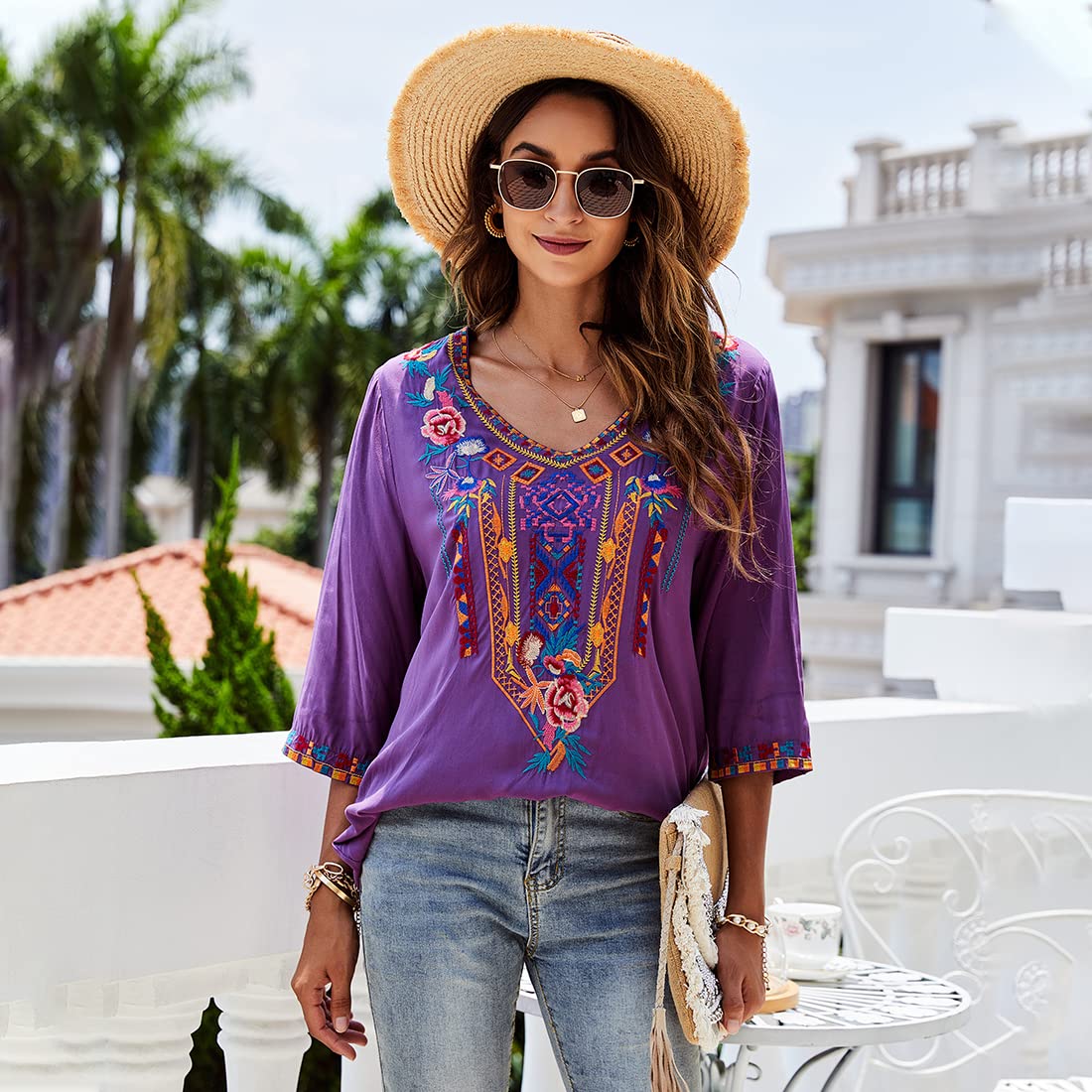 AK Embroidered Women's 3/4 Sleeve Peasant Blouse - Mexican Style V-Neck Tunic Top for Casual Wear | Perfect for Boho Outfits, Summer Vacations & Festival Fashion
