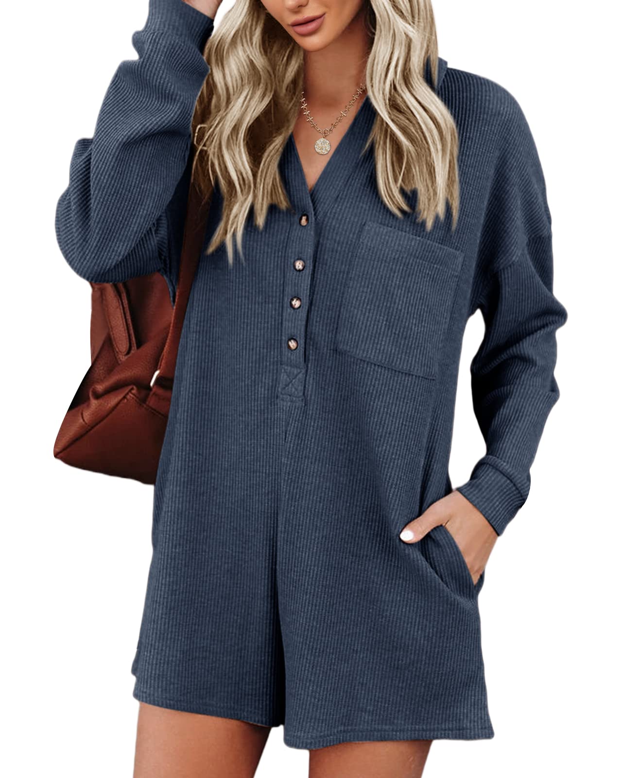Women's V-Neck Button Romper - Casual Waffle Knit Short Sleeve Jumpsuit with Pocket | Summer Outfit for Beach, Travel & Everyday Wear
