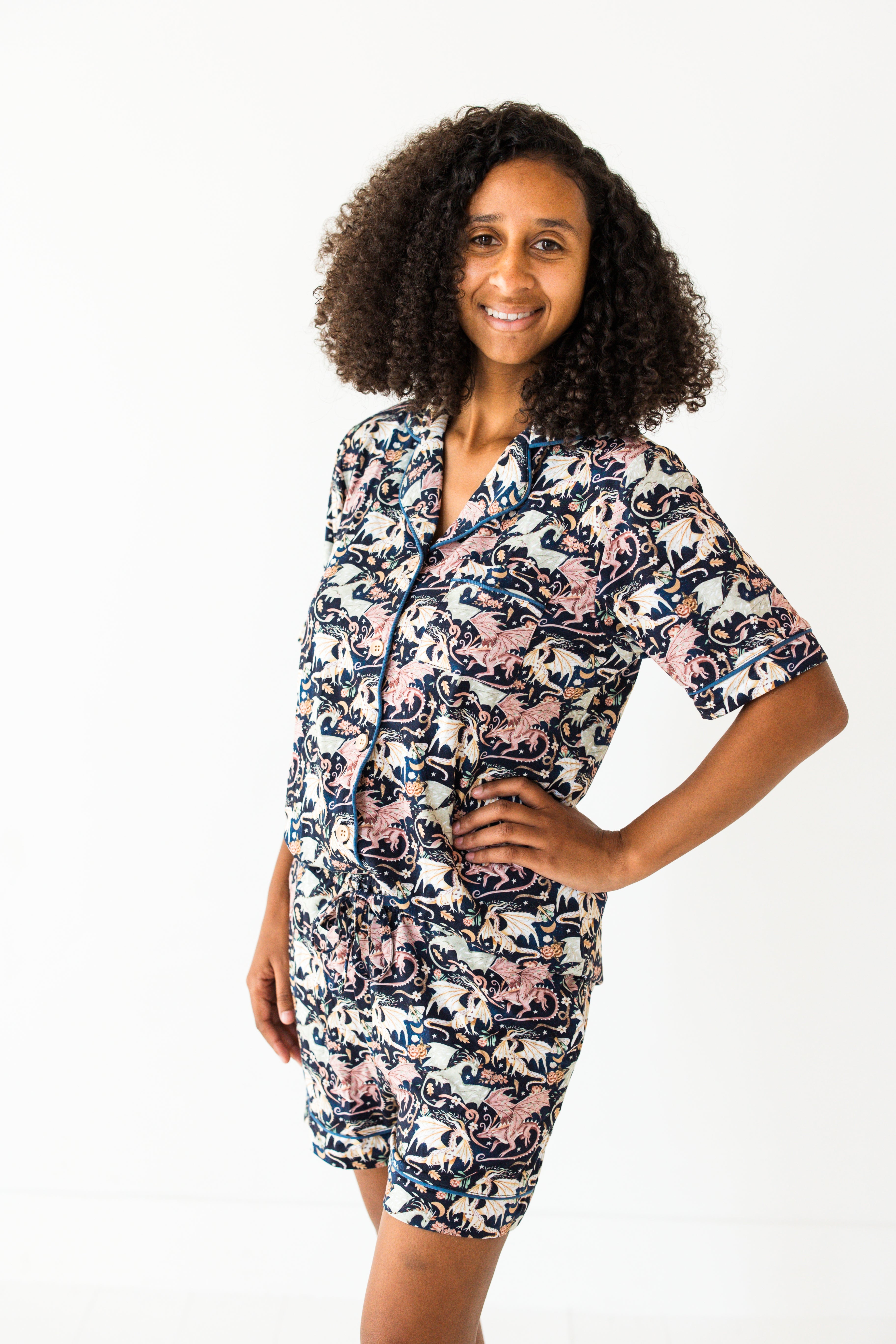 Dancing Dragons Women's Relaxed Short Sleeve Pajama Set - Soft & Comfortable Sleepwear for Lounge & Bedtime