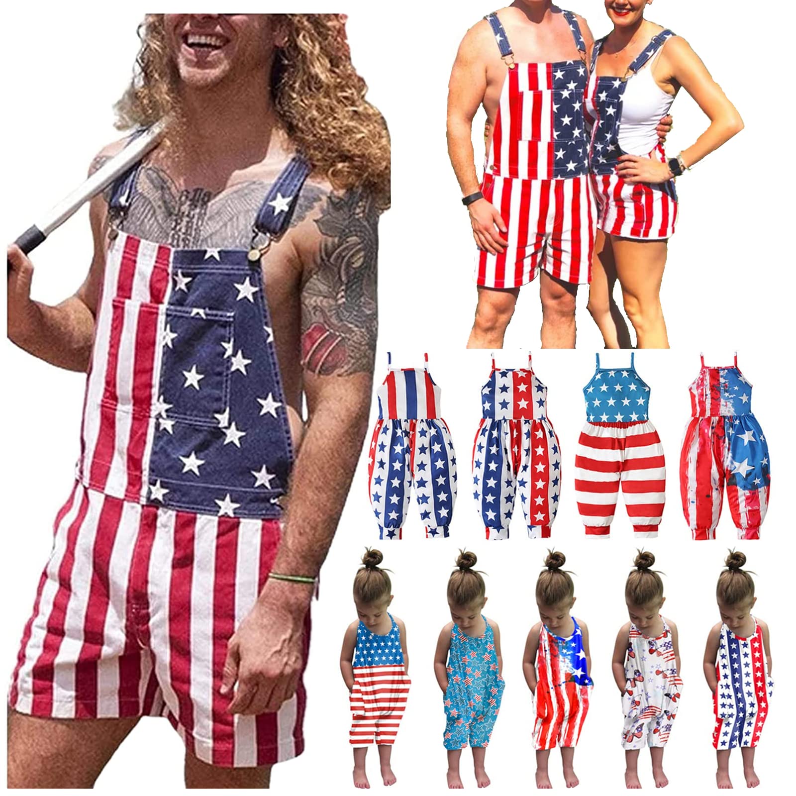 American Flag Denim Jumpsuit for Couples - Adjustable Strap Bib Overalls & Jean Romper Shorts for Men & Women | Perfect for 4th of July, Patriotic Events & Casual Outings