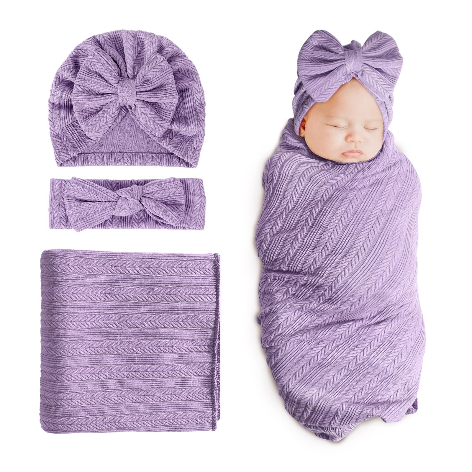 Soft Newborn Receiving Blanket Set with Bow Hat & Headband - Baby Shower Gift for Girls - Perfect for Hospital, Photo Shoots & Winter Warmth