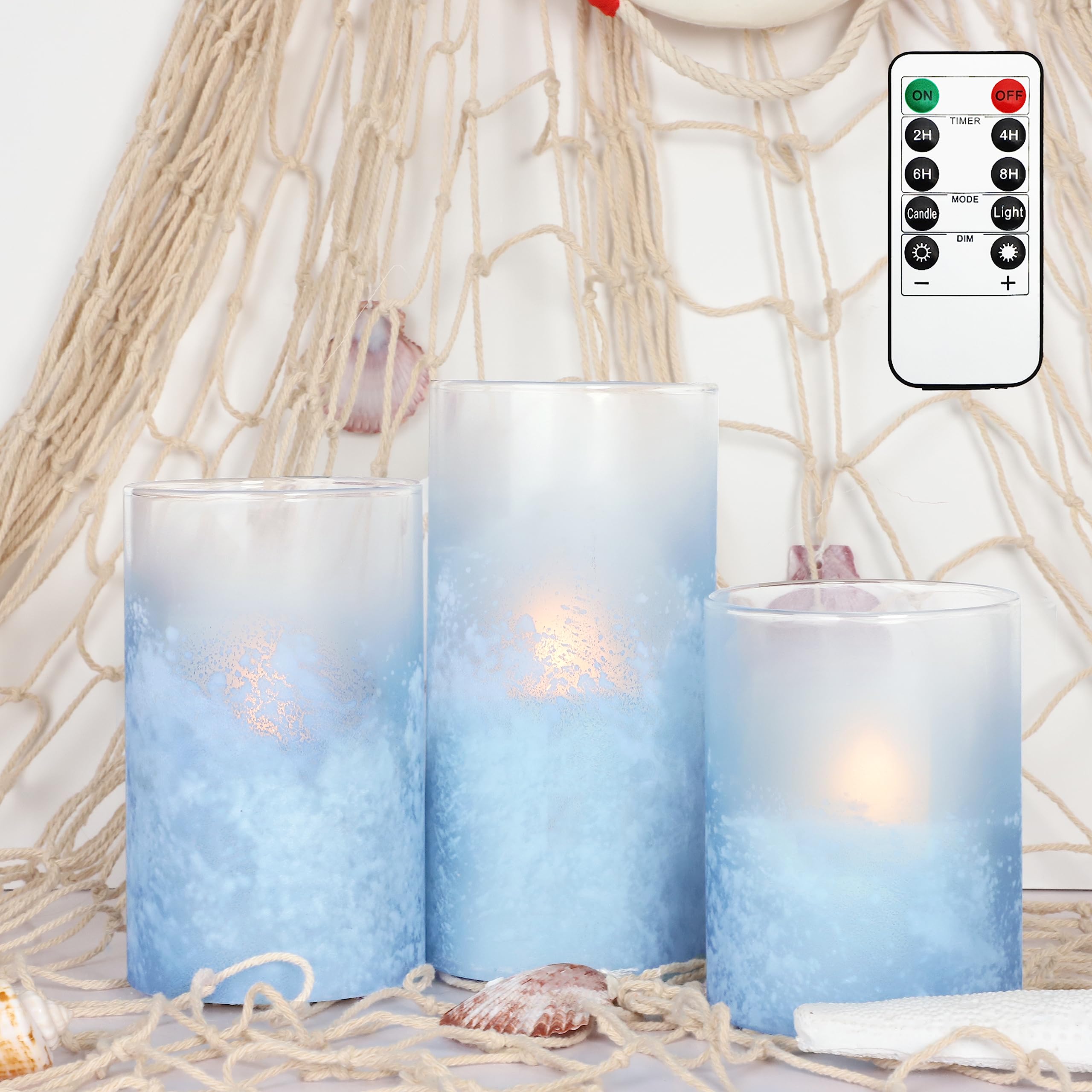Blue Glass Flameless LED Candles with Sandblast Design - Battery Operated with Remote & Timer - Perfect for Coastal, Birthday, Home, Bathroom, Nautical & Beach Decor - Romantic Ambiance for Weddings, Dinners & Relaxing Baths