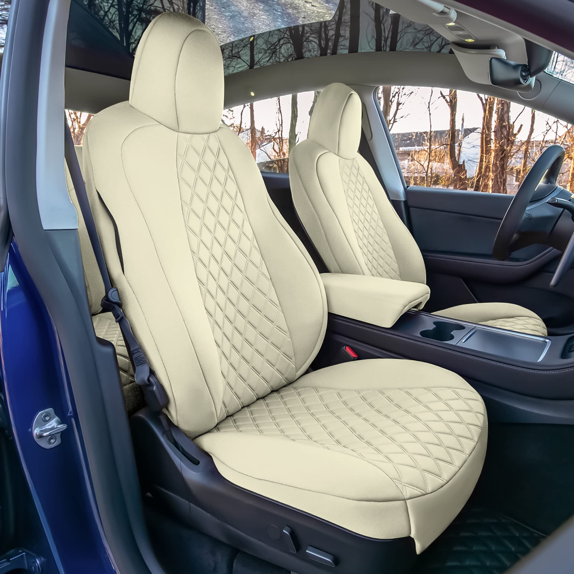 TLH Custom Fit Waterproof Beige Seat Covers for Tesla Model Y 2020-2024 - Front Set | Premium Automotive Interior Accessories | Perfect for Daily Commuting, Road Trips & Protecting Your Car Seats