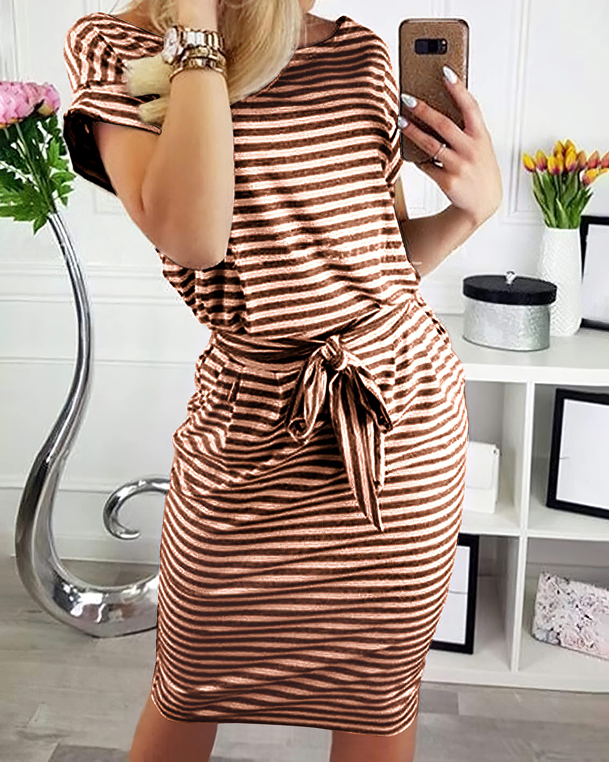 PRETTYGARDEN Women's Summer Striped T-Shirt Dress with Tie Waist & Pockets - Casual Office Wear, Beach Outfits, and Everyday Comfort