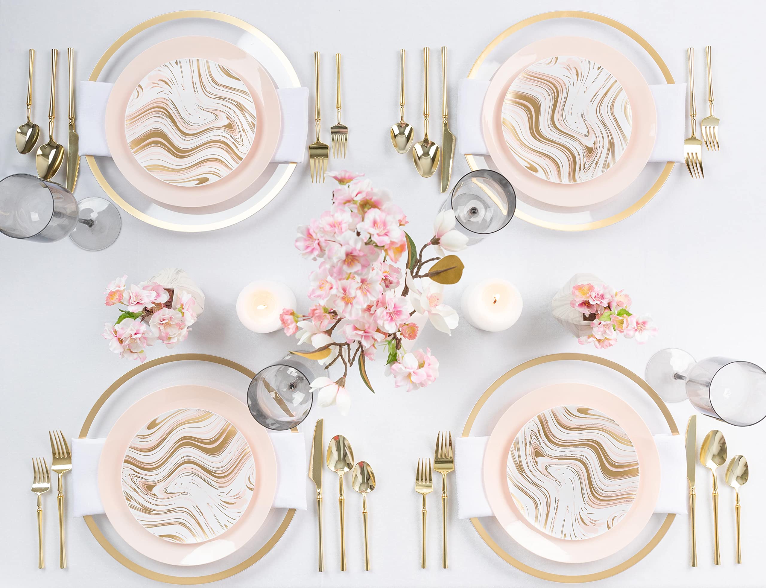 Premium Heavyweight White & Gold Plastic Party Plates - Elegant Disposable Tableware for Weddings, Birthdays & Special Events (64-Pack, Curve Design, Pink Accents)