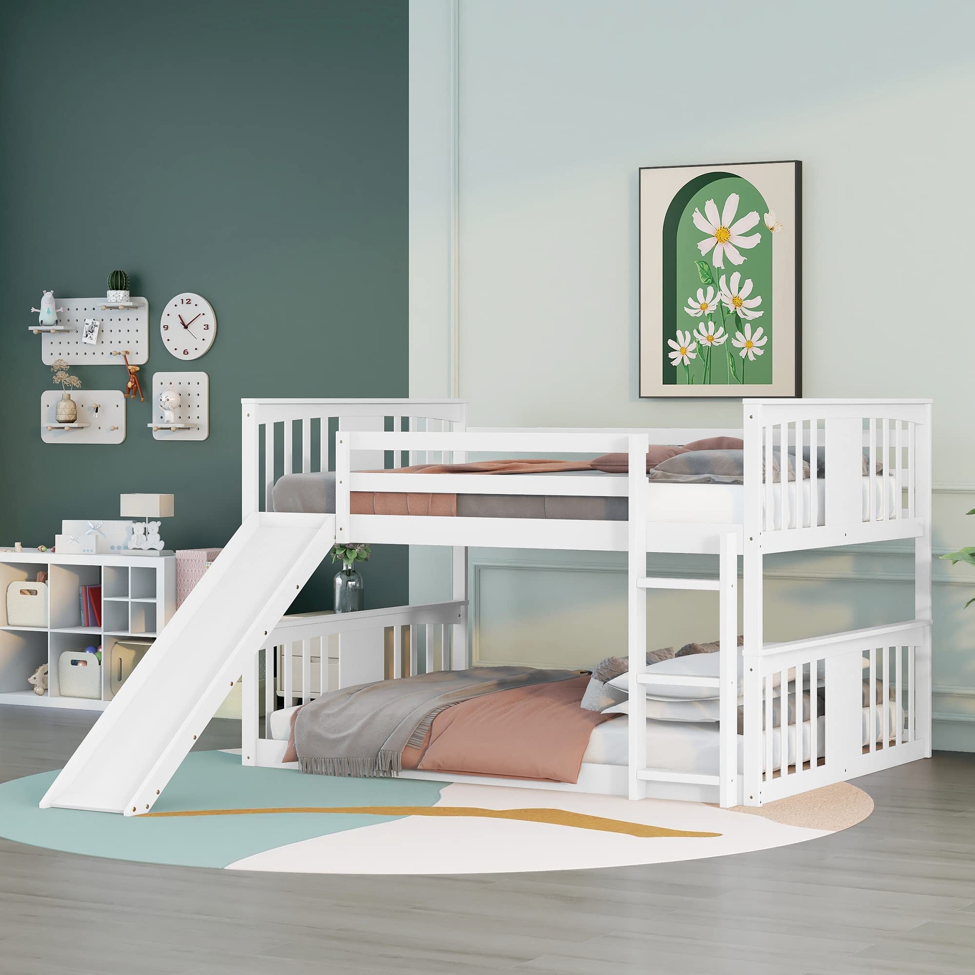 Twin Bunk Beds with Slide - Low Bunk Bed Frame Wood Twin Over Twin Bunkbed for Kids & Toddlers - Boys & Girls Bedroom Furniture - White - Perfect for Small Spaces & Shared Kids' Rooms