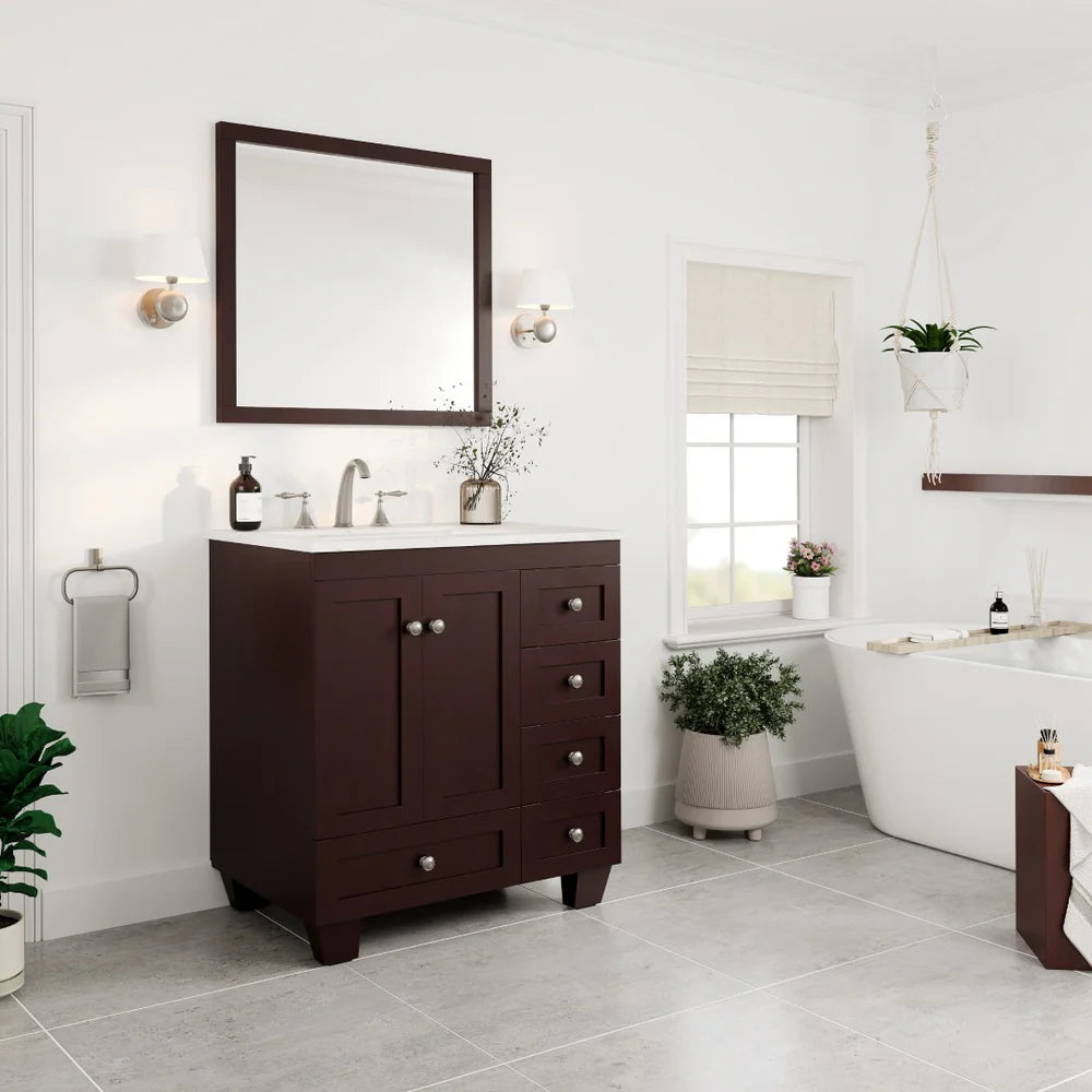 Eviva Acclaim 30 Inch Bathroom Vanity with Carrara Quartz Countertop - Modern White Bathroom Sink Cabinet for Small Spaces, Perfect for Powder Rooms and Guest Bathrooms