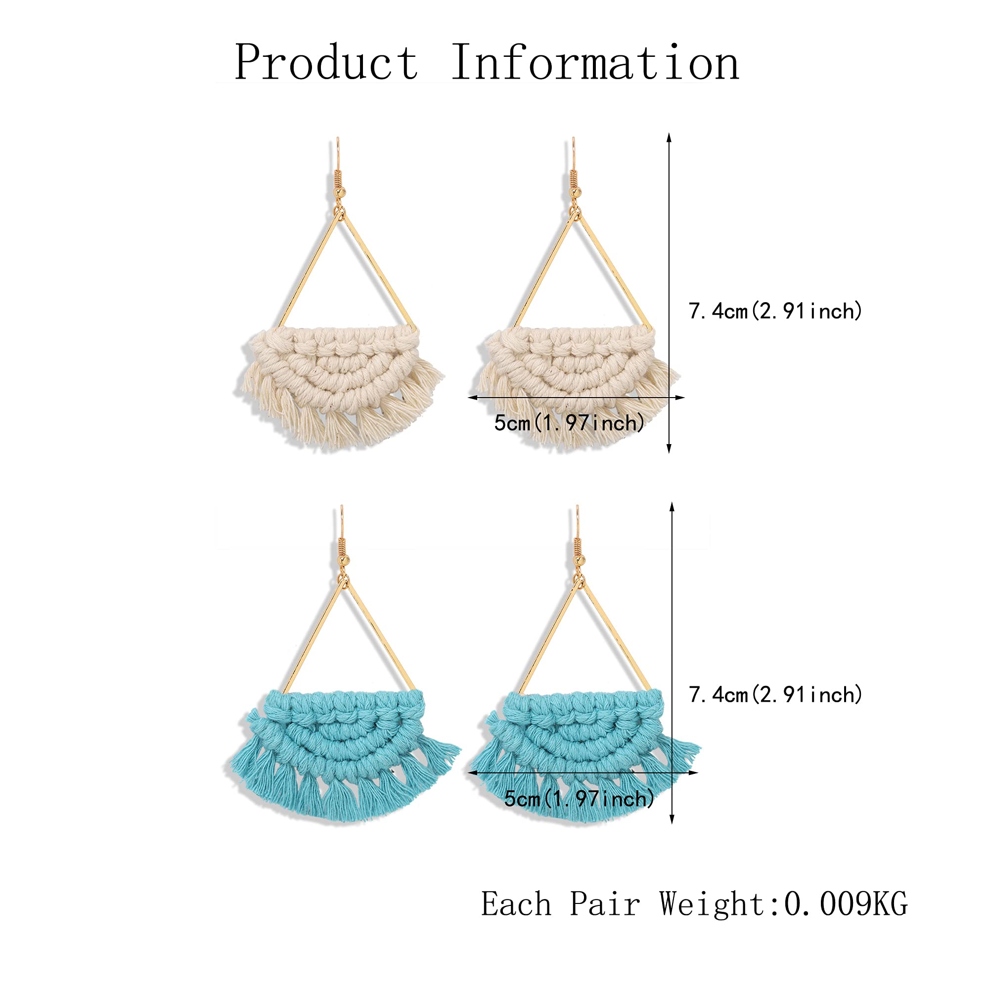 2 Pairs Bohemian Fan Fringe Drop Earrings - Handmade Woven Boho Statement Tassel Dangle Earrings for Women & Girls | Colorful Holiday Jewelry Gifts | Perfect for Festivals, Parties and Special Occasions