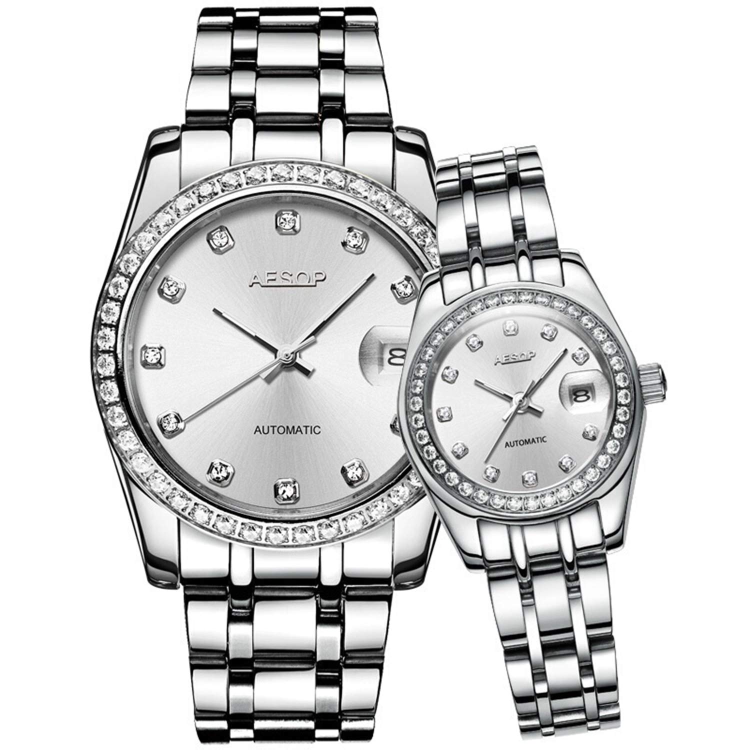 MASTOP Automatic Mechanical Waterproof Stainless Steel Watch Set for Couples - His & Her Matching Watches for Dating, Anniversaries & Romantic Gifts