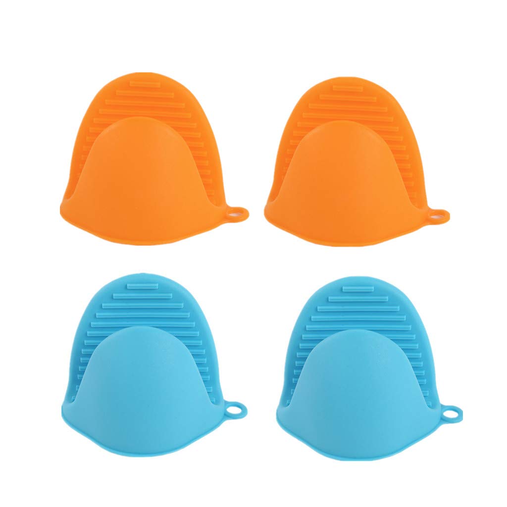 2 Pairs Heat Resistant Silicone Mini Oven Mitts - Non-Slip Cooking & Baking Gloves for Microwave, Kitchen, BBQ - Perfect for Baking, Grilling, and Handling Hot Dishes (Orange & Blue)