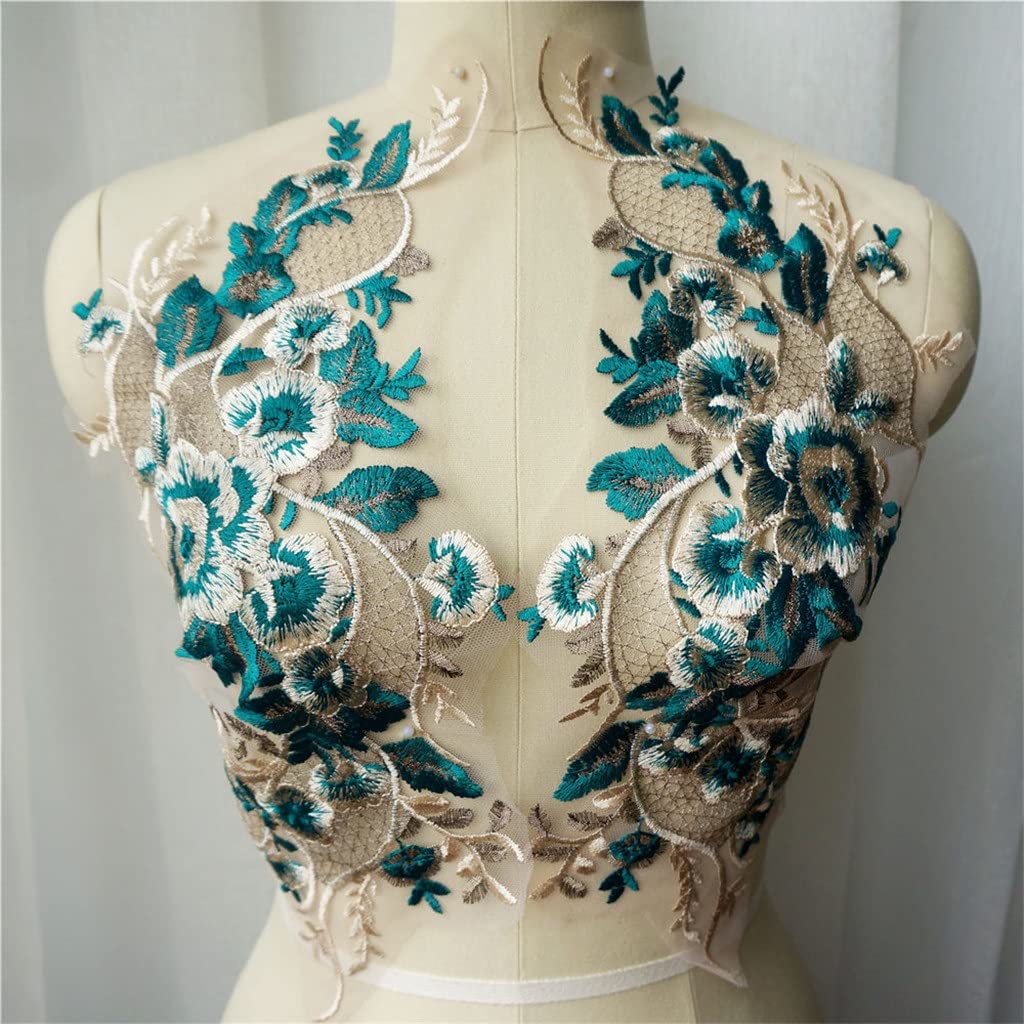 WSSBK 2PCS Green Lace Fabric Embroidered Flower Gown Appliques Trims - Classic Collar Mesh Sew Patches for Wedding Dress DIY - Perfect for Bridal Gowns, Evening Dresses & Costume Design (Color: A, Size: One Size)