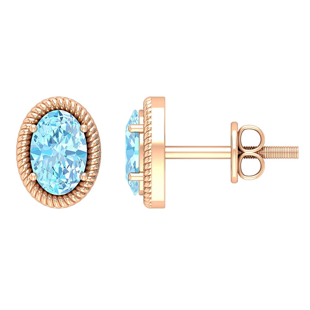 14K Solid Gold Aquamarine Stud Earrings for Women - 4X6 MM Oval Cut Solitaire Gemstone Jewelry - Elegant Rope Frame Design for Daily Wear, Parties & Special Occasions