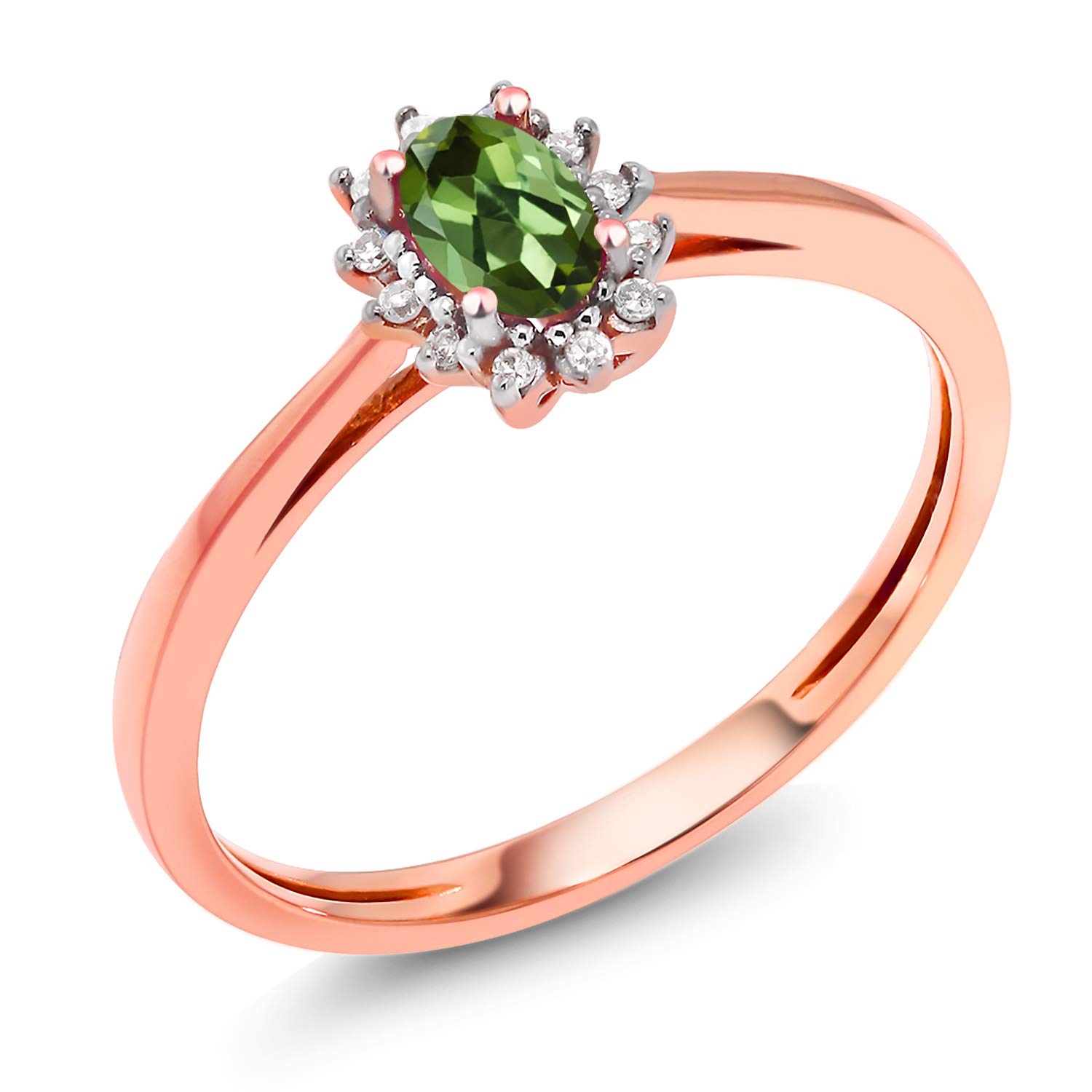 0.34 Ct Oval Green Tourmaline & White Diamond 18K Rose Gold Ring for Women | Gem Stone King | Elegant Jewelry Gift for Anniversary, Engagement & Special Occasions