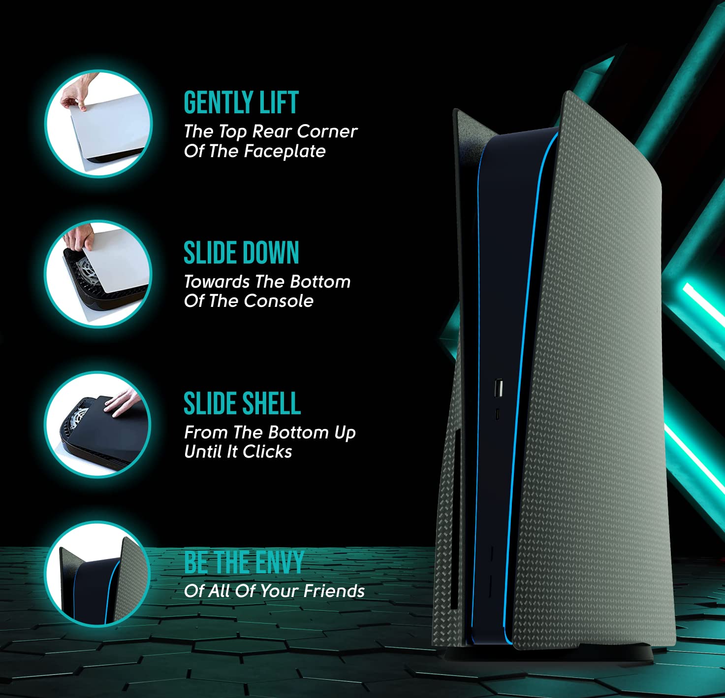 Custom Design Q-View PS5 Hydro Faceplate Cover - Premium Carbon Fiber PS5 Accessories for Gaming Setup & Home Decor