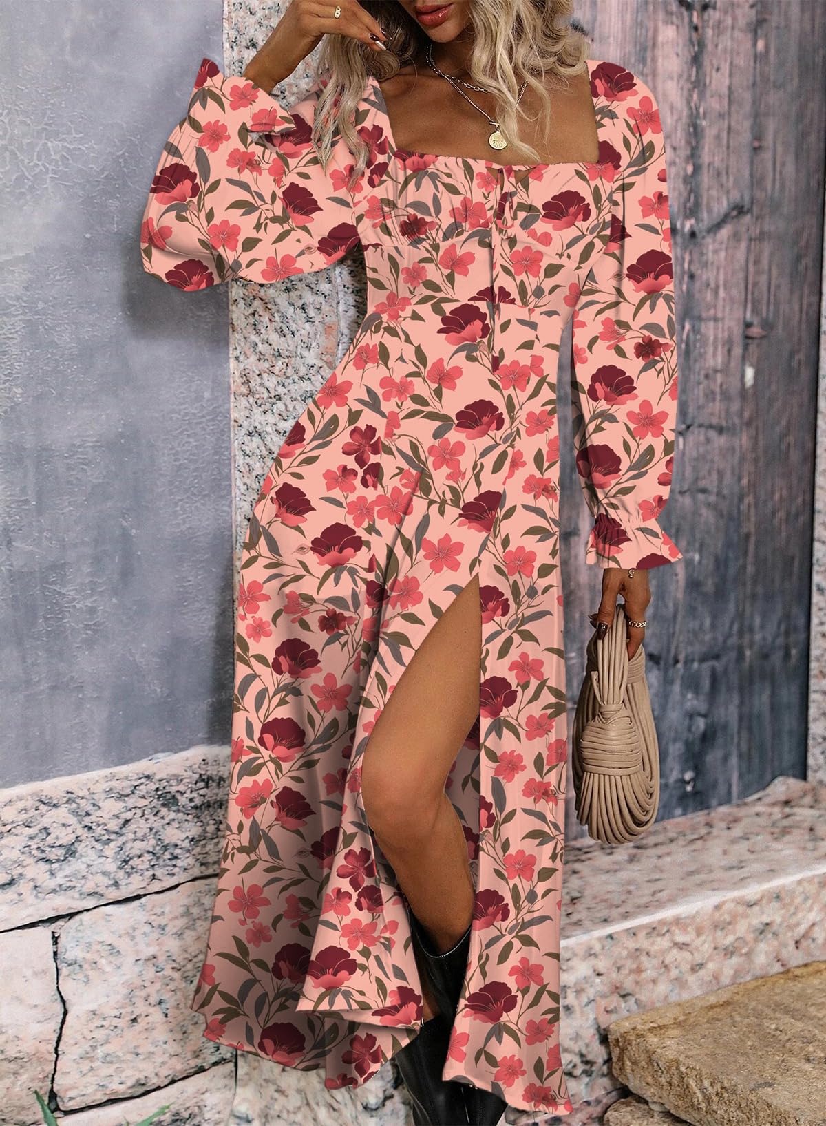 BLENCOT Women's Floral Print Puff Sleeve Maxi Dress - Sexy Square Neck Tie Front Ruffle Hem Split A-Line Summer Beach Dress for Vacation, Party & Date Night