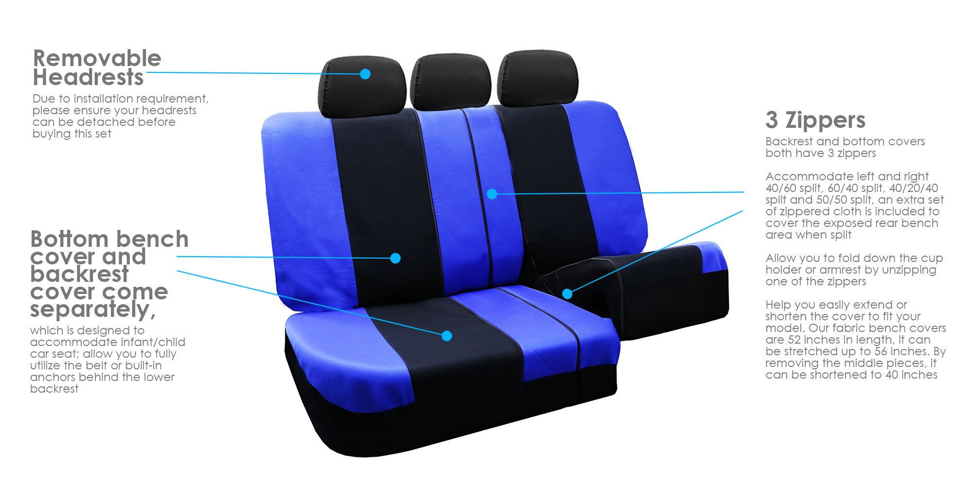 FH Group FB072115 Universal Full Set Auto Seat Covers - Road Master Fabric, Blue/Black (Split Ready) - Perfect Fit for Cars, Trucks & SUVs | Durable Protection for Daily Commute & Road Trips