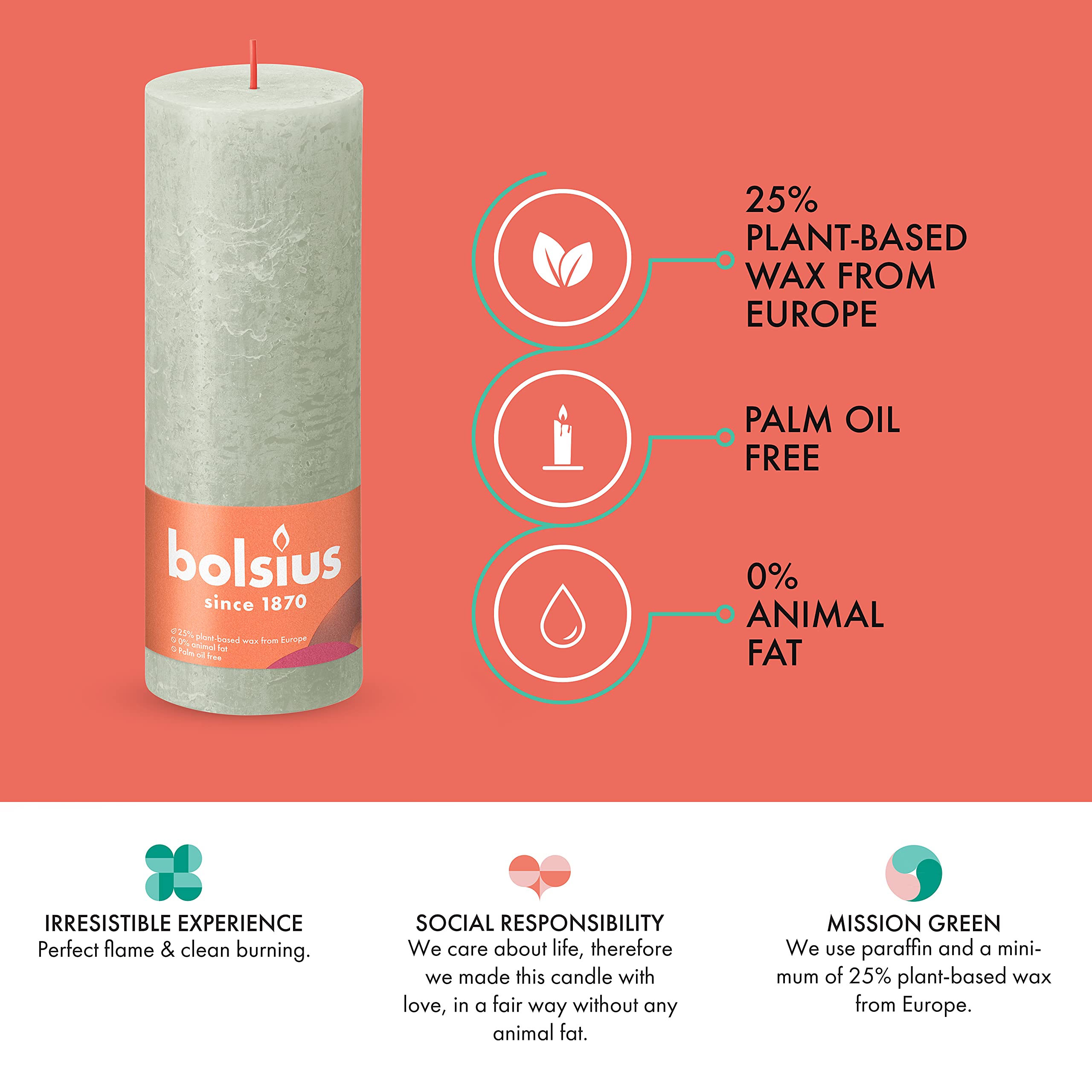 BOLSIUS 4-Pack Foggy Green Rustic Pillar Candles - 2.75 x 7.5 Inch Unscented Dripless Smokeless Candles - Premium European Quality with Natural Plant-Based Wax - 85 Hour Burn Time - Perfect for Wedding Centerpieces, Dinner Parties & Holiday Decor