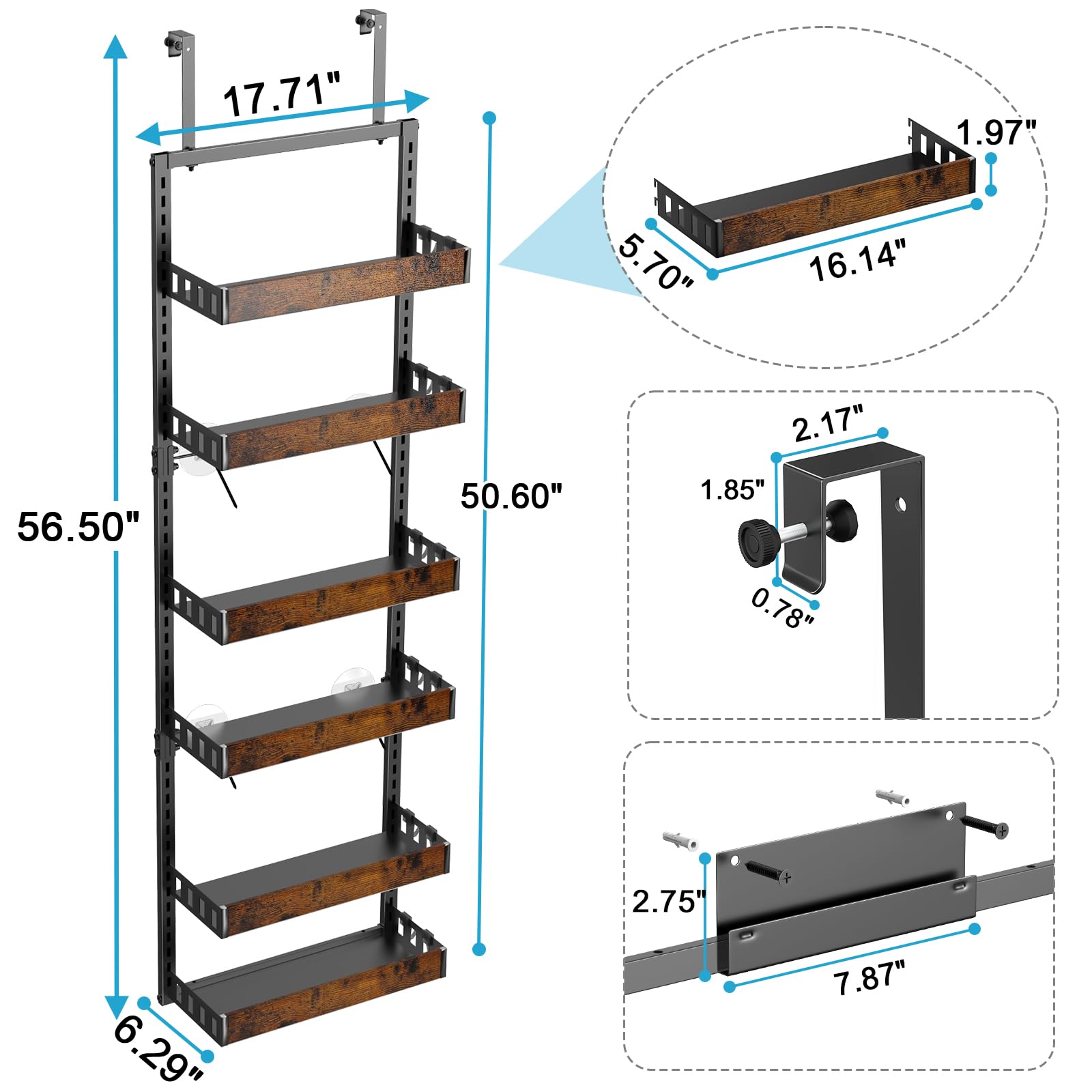 6-Tier Over the Door Pantry Organizer - Adjustable Wooden Basket Kitchen Storage with Heavy-Duty Metal Hooks (17.71