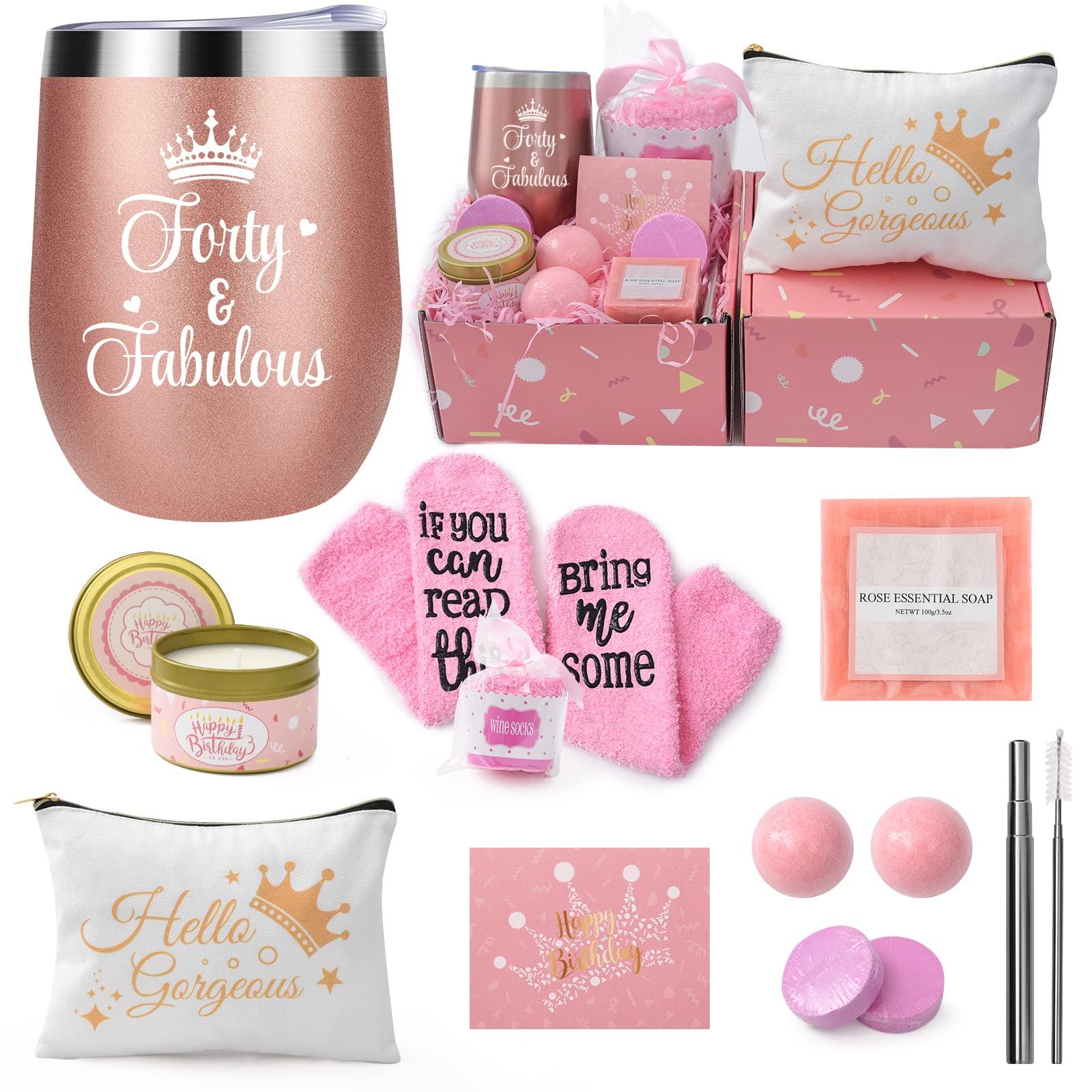 40th Birthday Gifts for Women - Rose Gold Tumbler & Spa Gift Set for Wife, Mom, Sister, Best Friend - Perfect 40th Birthday Party Decorations & Relaxing Present - Great for Celebrations, Home Spa Days & Office Use