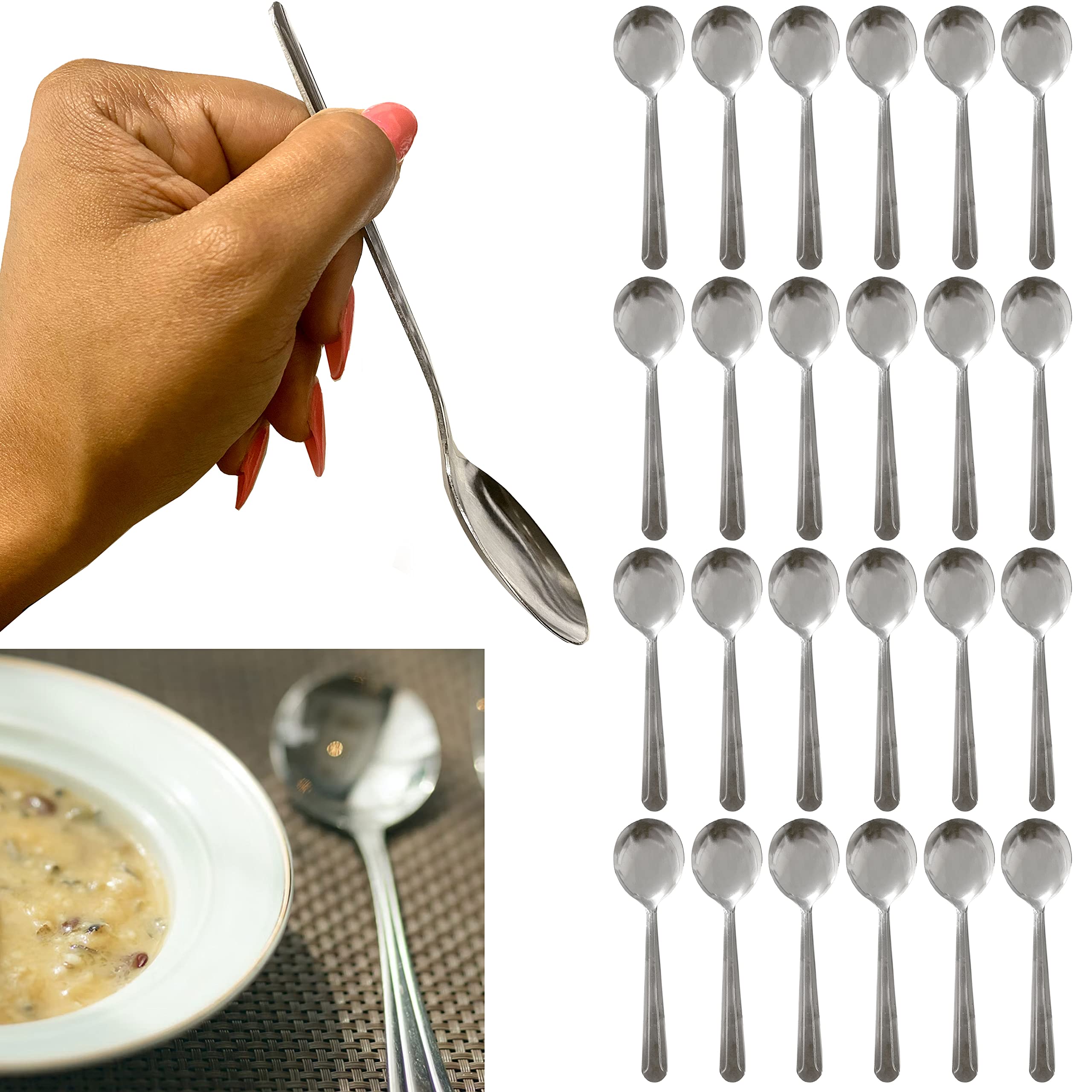 24-Piece Stainless Steel Bouillon Soup Spoons Set - Round Ice Cream Scoop & Kitchen Utensils for Soup, Dessert, and Serving - Perfect for Restaurants, Catering, and Home Use