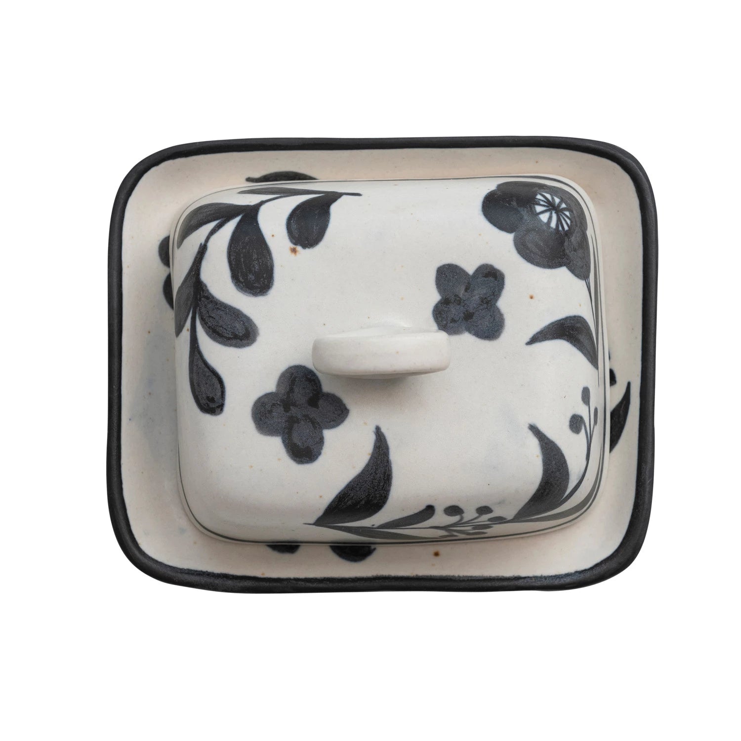 Hand Painted Black Floral Butter Dish with Lid - Elegant Ceramic Butter Keeper for Dining Table, Kitchen Decor & Gift Giving - Perfect for Breakfast, Brunch, and Tea Parties