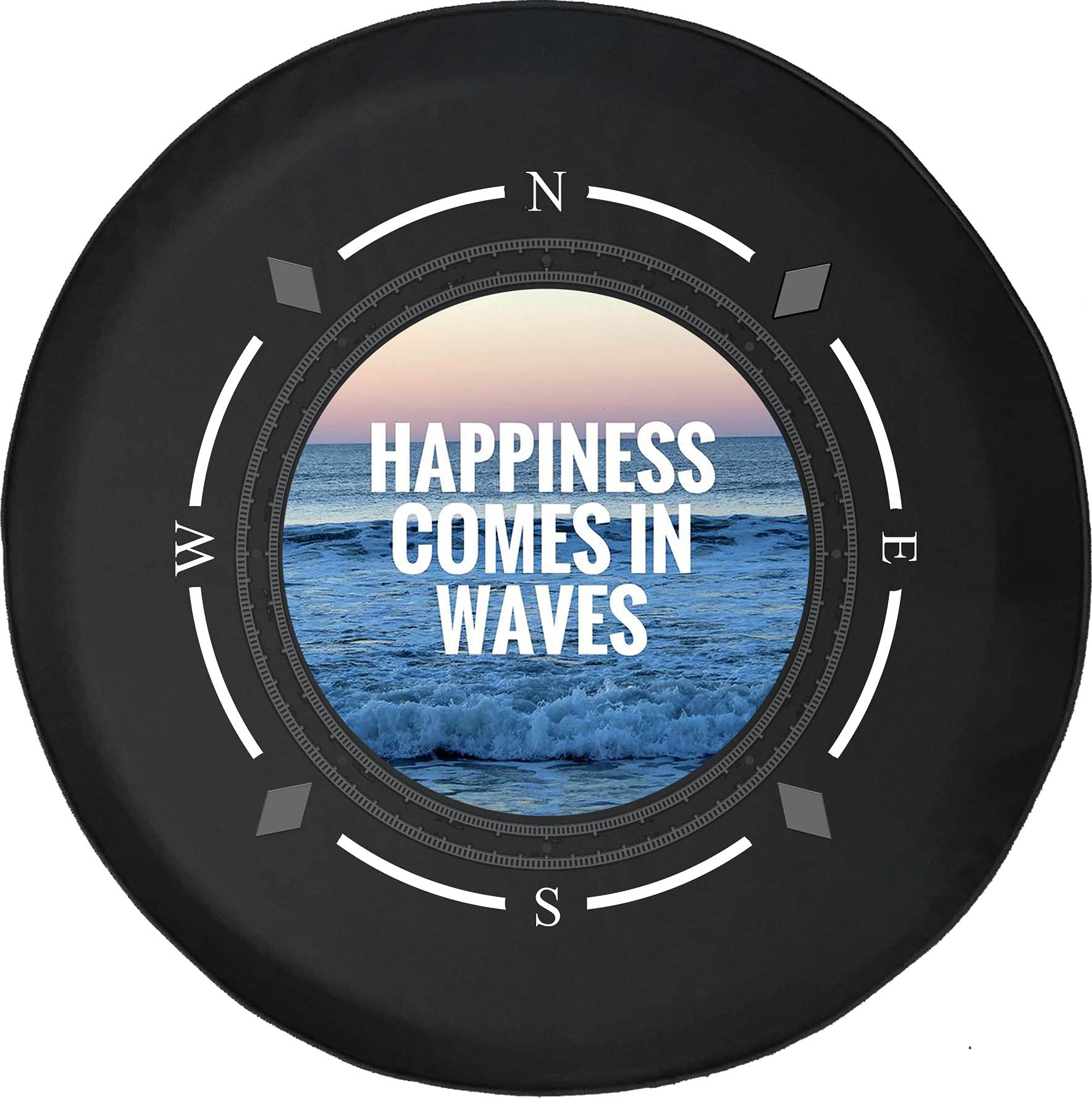 American Unlimited Spare Tire Cover with Compass Design - 'Happiness Comes in Waves' Ocean & Beach Theme - Universal Fit for SUVs, Trailers, RVs & Most Vehicles - Perfect for Road Trips, Camping & Beach Adventures