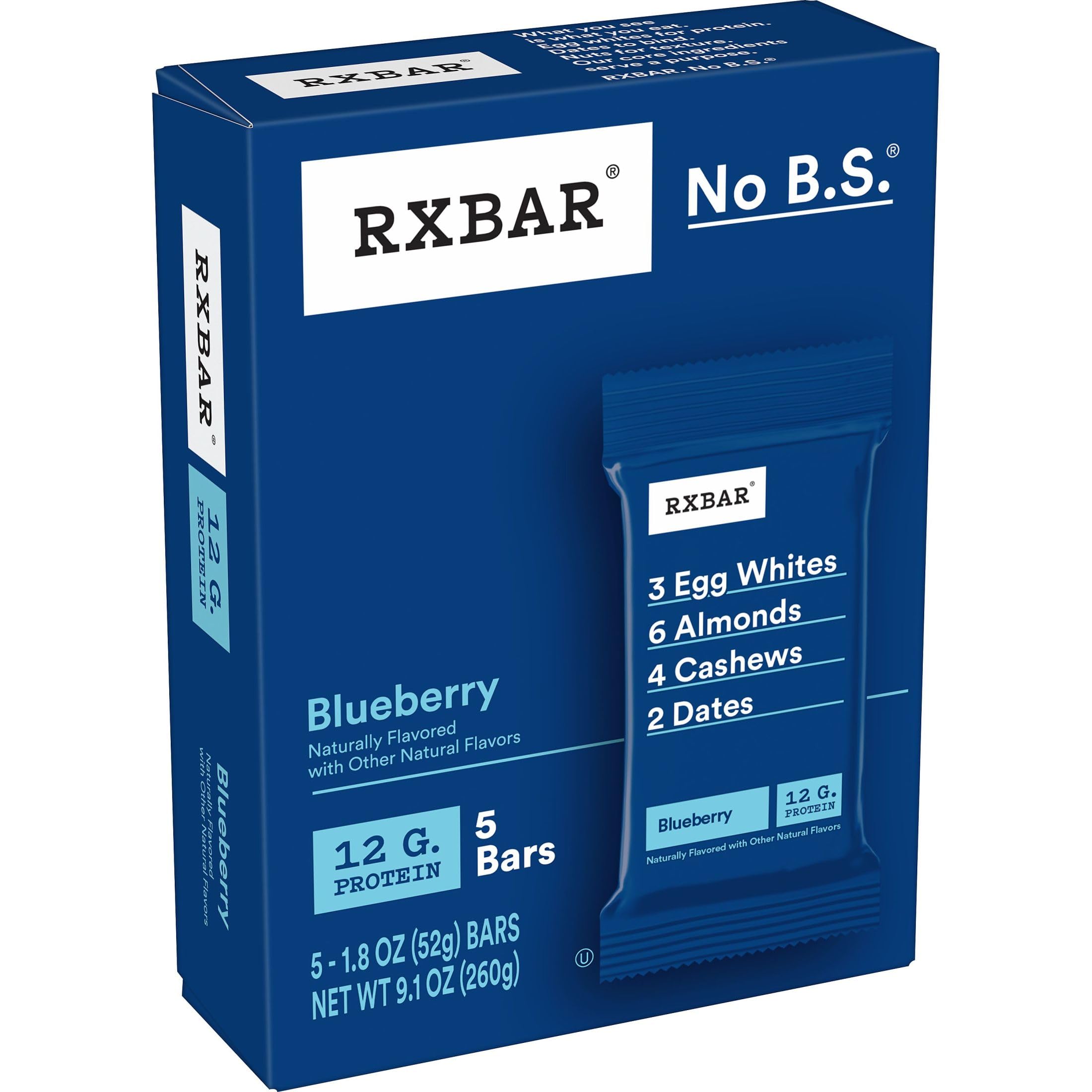 RXBAR Protein Bars - 12g Protein, Gluten Free, No Dairy, Non-GMO, Blueberry Flavor (6 Boxes, 30 Bars) | Healthy Snack for Workout, Hiking & On-the-Go Nutrition