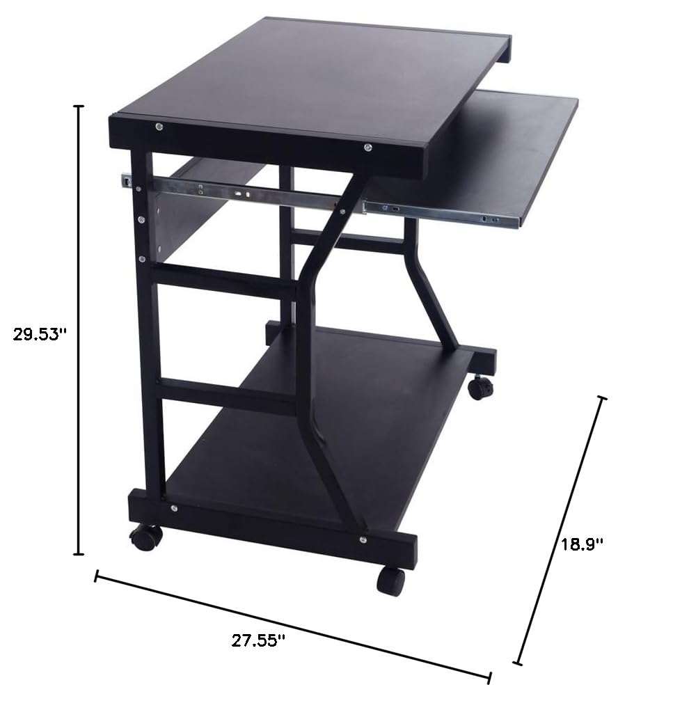 Adjustable Height Computer Desk with Wheels - Mobile Home Office Desk, Sturdy Black Writing Table for Work & Study - Perfect for Small Spaces & Remote Work