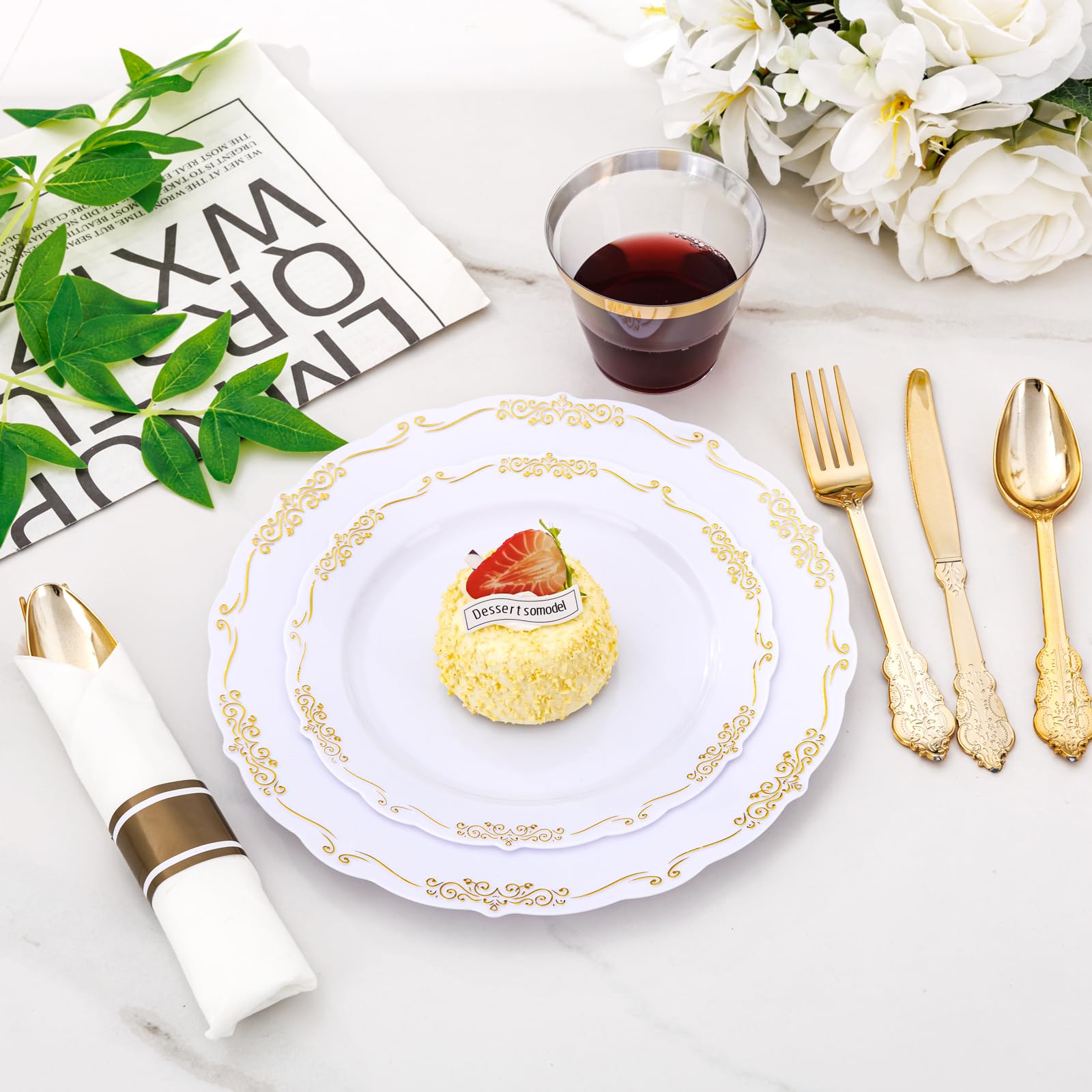 175-Piece Gold Plastic Party Dinnerware Set - 25 Dinner Plates, 25 Dessert Plates, 25 Gold Cutlery, 25 9oz Cups & 25 Rolled Napkins - Elegant White & Gold Disposable Tableware for Weddings, Birthdays & Special Events