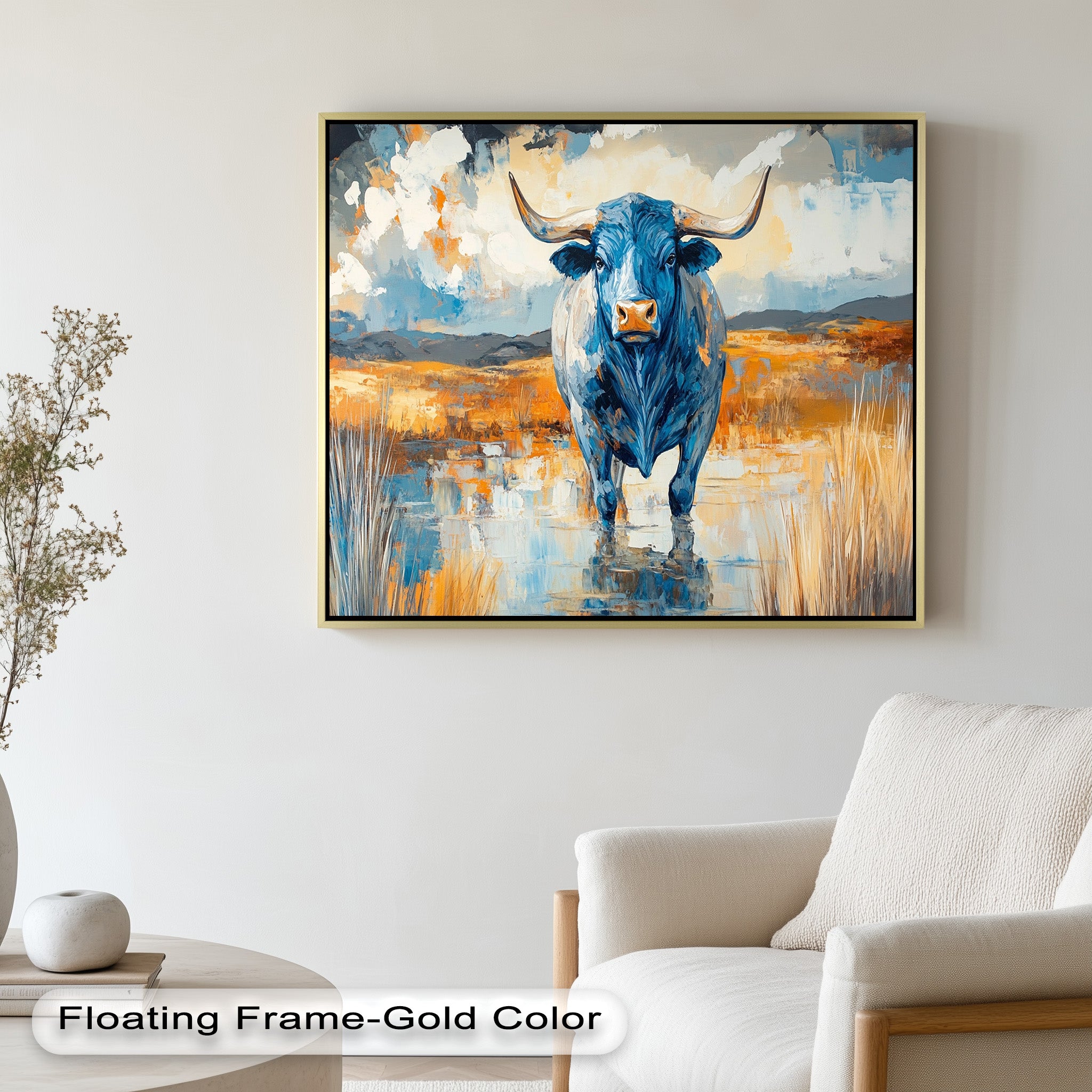 Blue Desert Bull - Hand Painted Animal Oil Canvas Artwork | Western Wildlife Decor for Living Room, Bedroom & Office