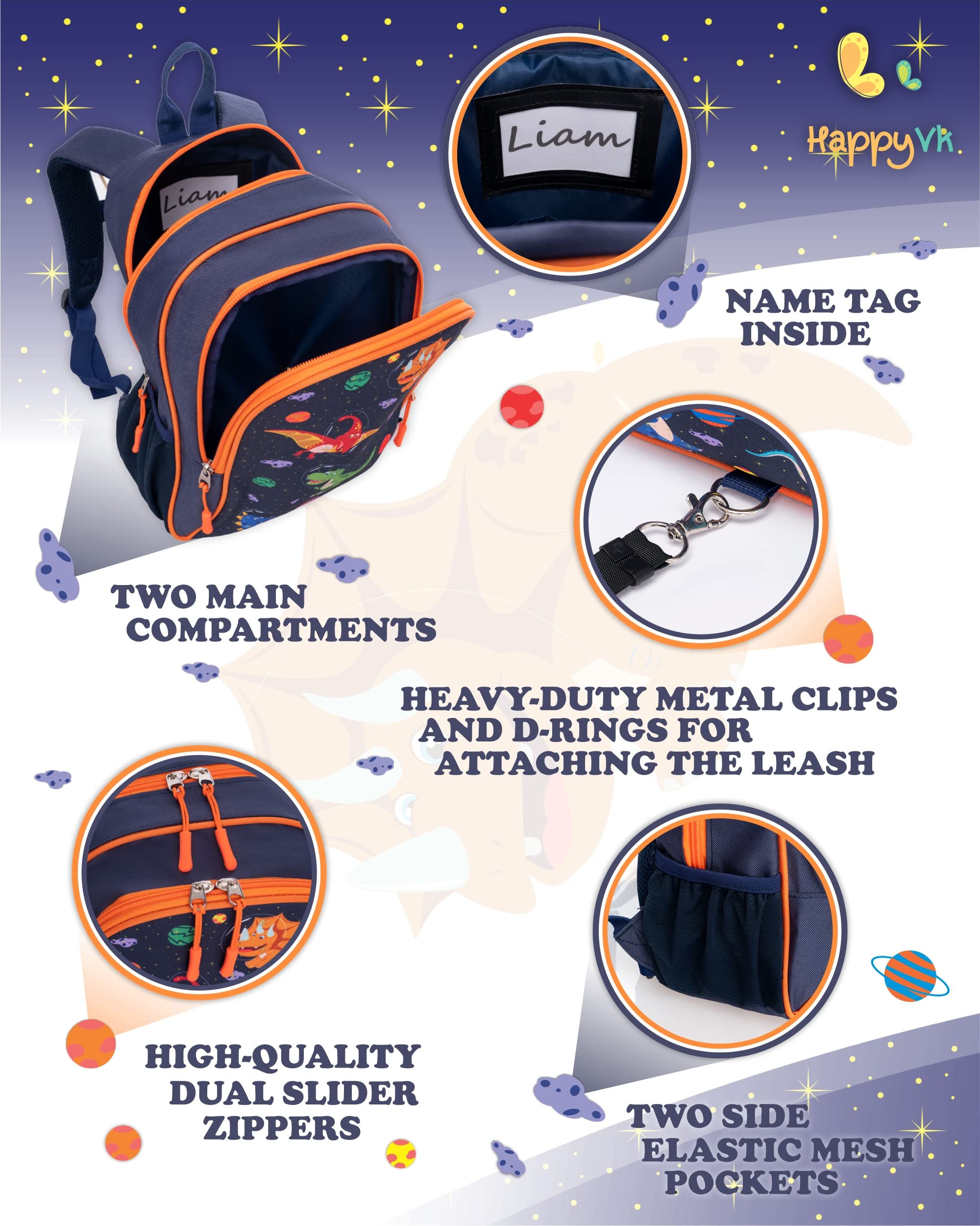 HappyVk Kids Backpack with Adjustable Leash - Lightweight School Backpack for Boys & Girls - Perfect for Travel, Hiking, and Daycare