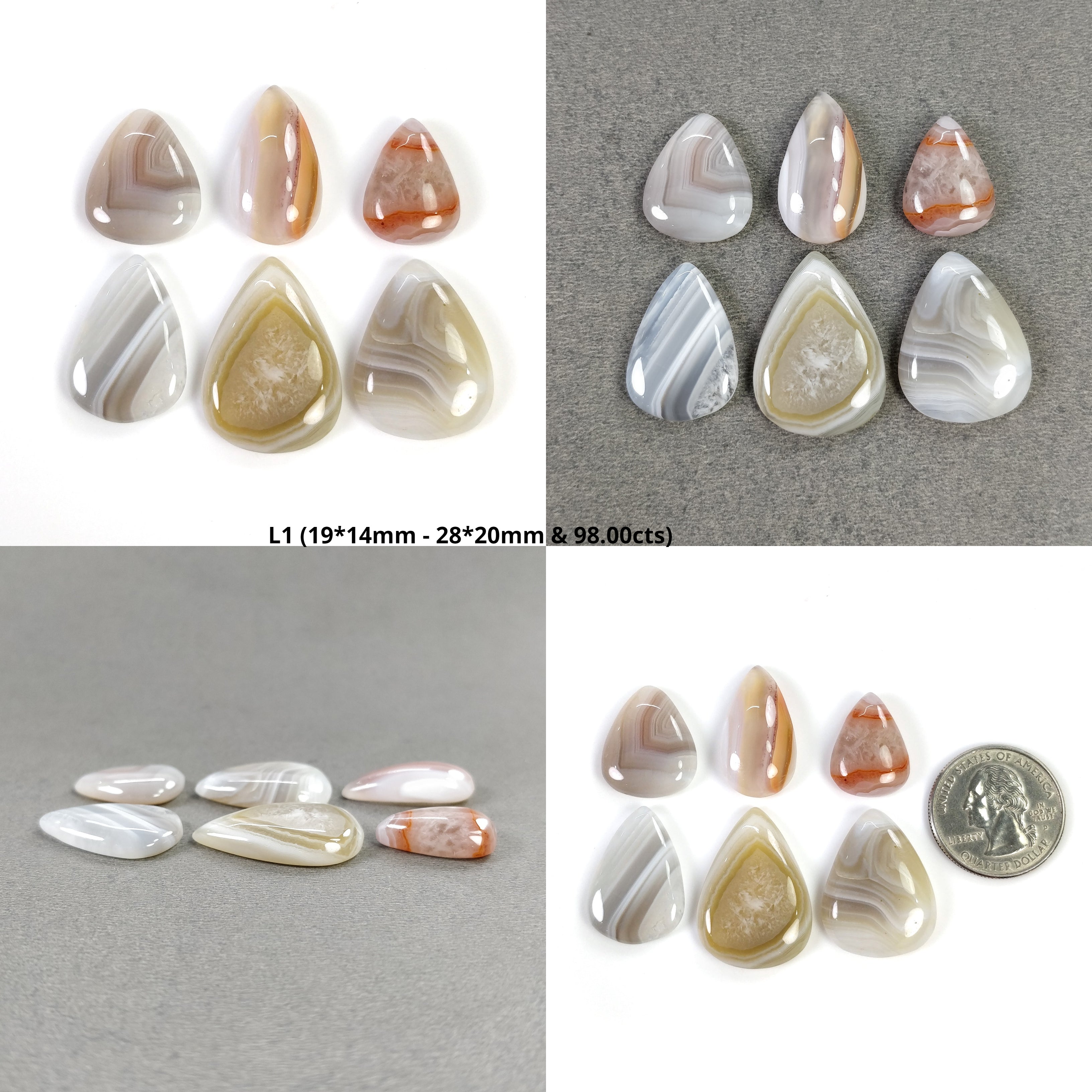 Natural Botswana Agate Gemstone Cabochons - Untreated Bi-Color Agate in Oval & Triangle Shapes (19x14mm & 31x19mm, 6pcs) for Jewelry Making, Wire Wrapping & Crystal Healing