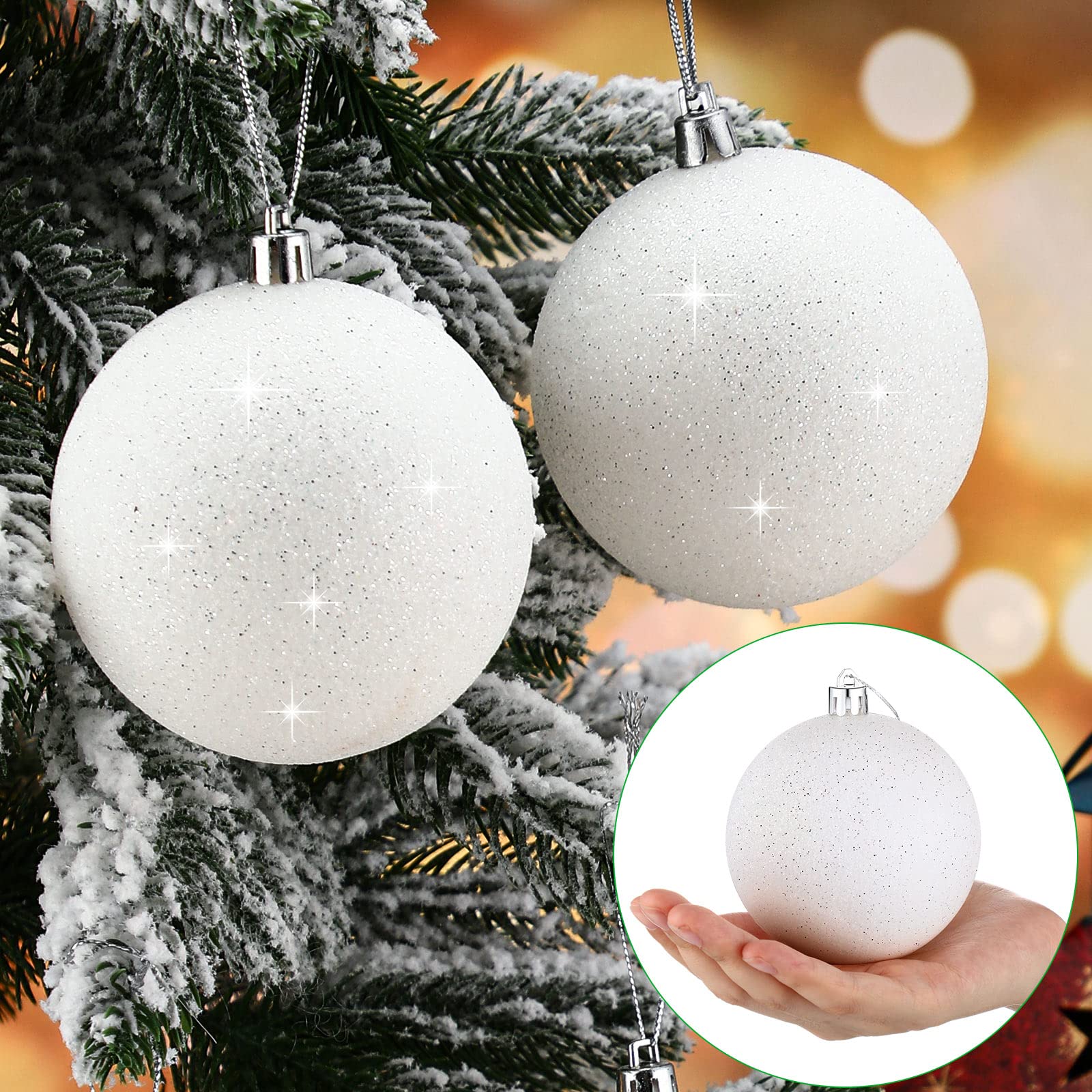 Zubebe 12-Piece Large Glitter Christmas Ornament Balls Set - Shatterproof Plastic Snowball Decorations for Xmas Tree, Holiday Party & Wedding Decor (White) | Perfect for Indoor/Outdoor Christmas Decorating, Gift Wrapping & Festive Home Styling