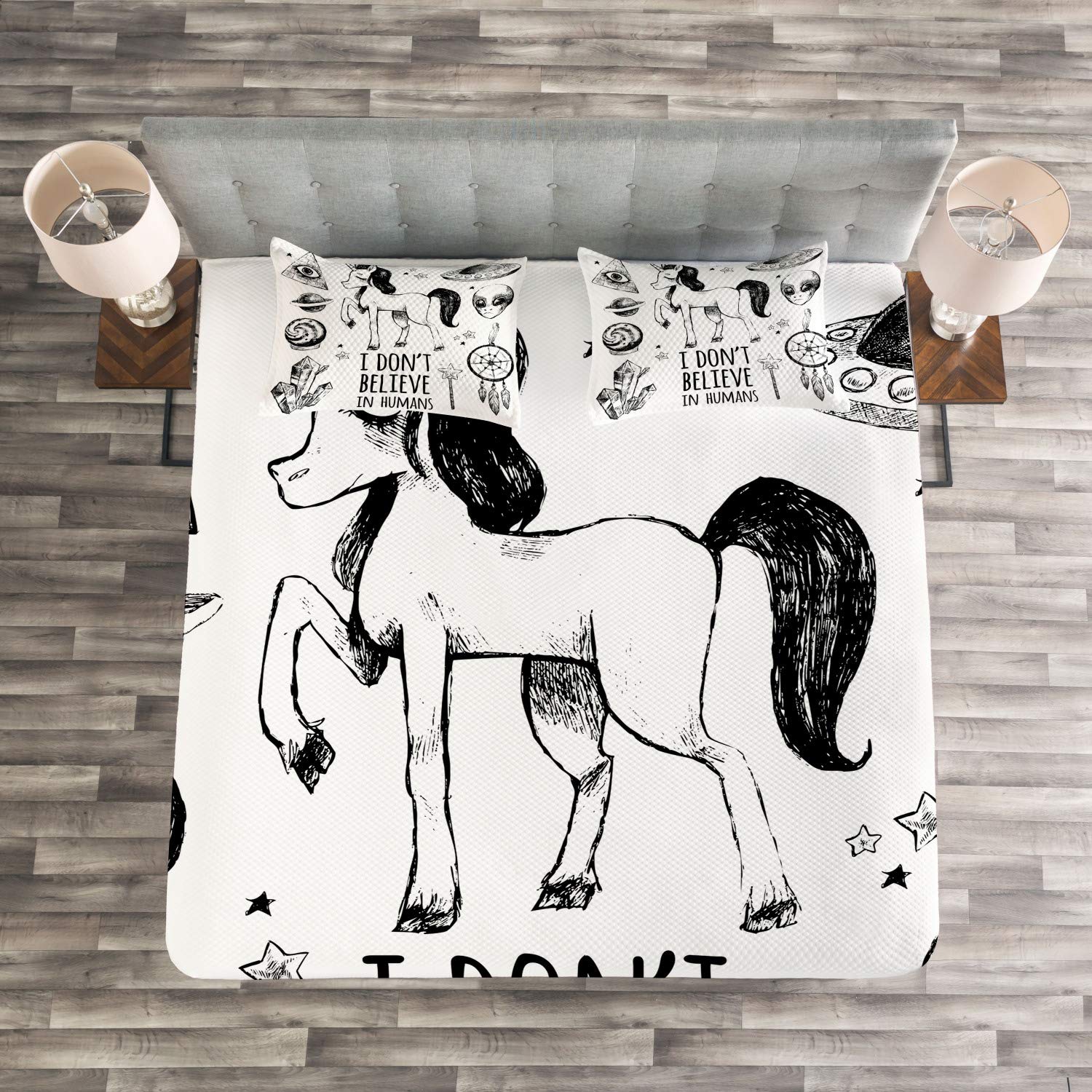 Ambesonne Unicorn Bedspread Set - King Size 3 Piece Bedding with 2 Pillow Shams | I Don't Believe in Humans Art Design Featuring Pyramids, Aliens, Dreamcatcher & Planets Grunge Print | Black Decorative Coverlet for Teen Room, Dorm, Fantasy Themed Bedroom