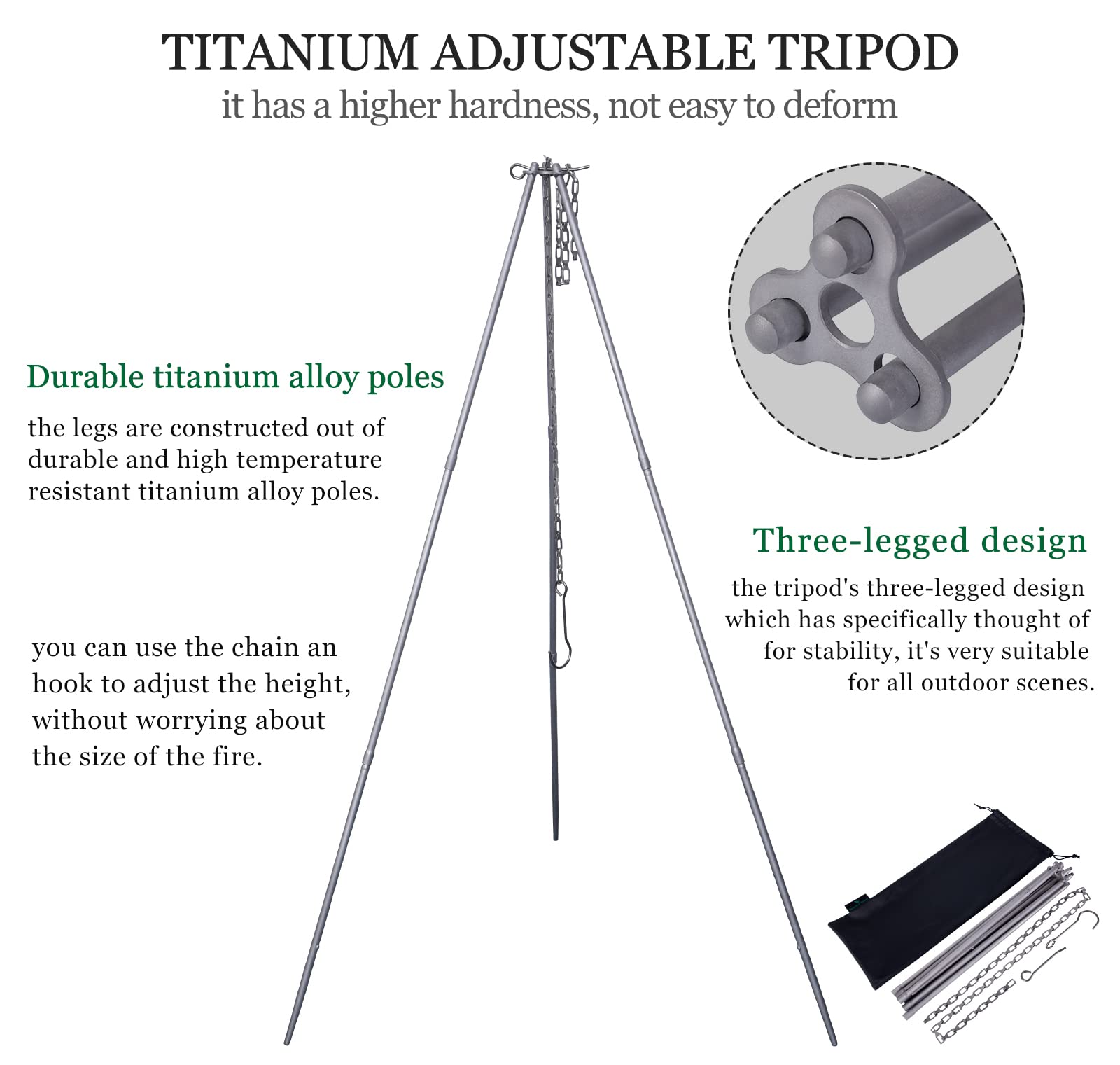 Boundless Voyage Adjustable Titanium Tripod Stand for Camping - Portable Outdoor Cookware Holder for Dutch Oven, Grill & Campfire Pot - Lightweight Titanium Tripod for Backpacking, Hiking & Outdoor Cooking (Model Ti9013O)