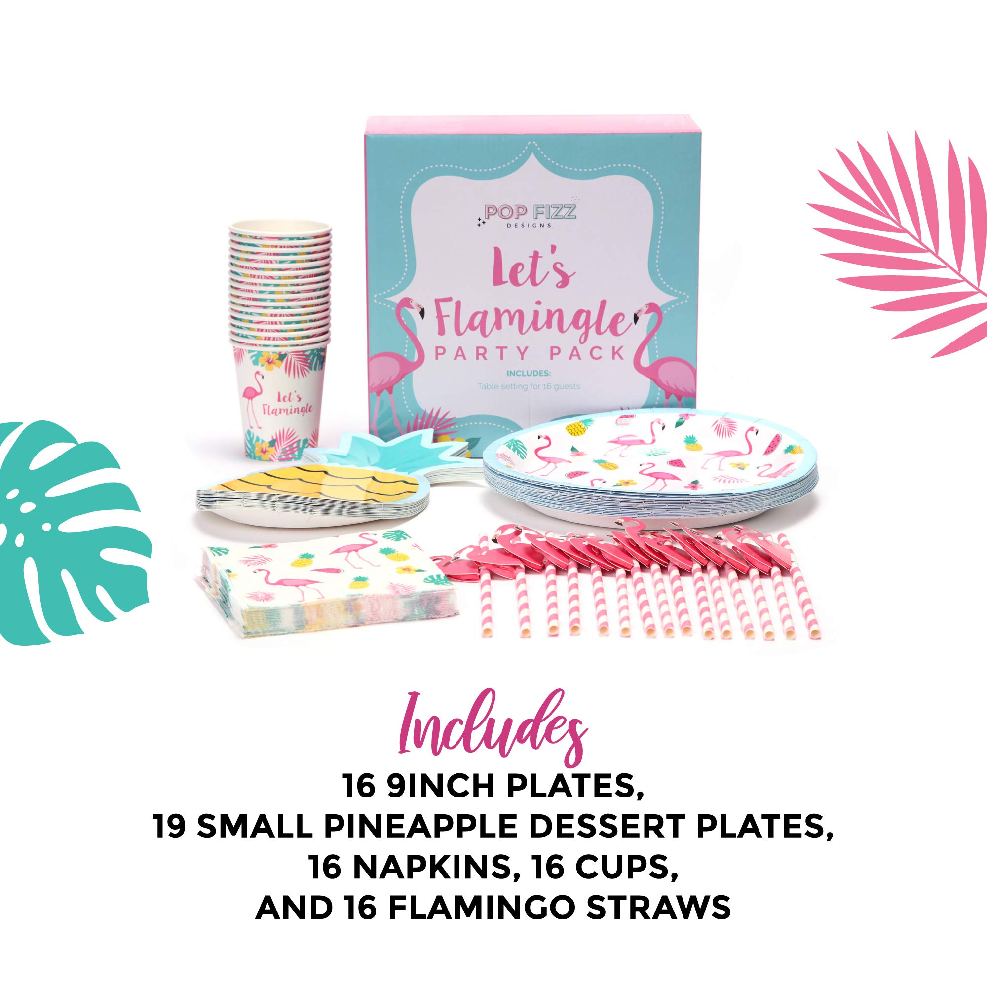 Pink Flamingo Party Supplies Kit - 16 Flamingo Plates, Pineapple Plates, Napkins & Straws - Tropical Bachelorette Party Decorations - Perfect for Pool Parties, Bridal Showers & Summer Celebrations