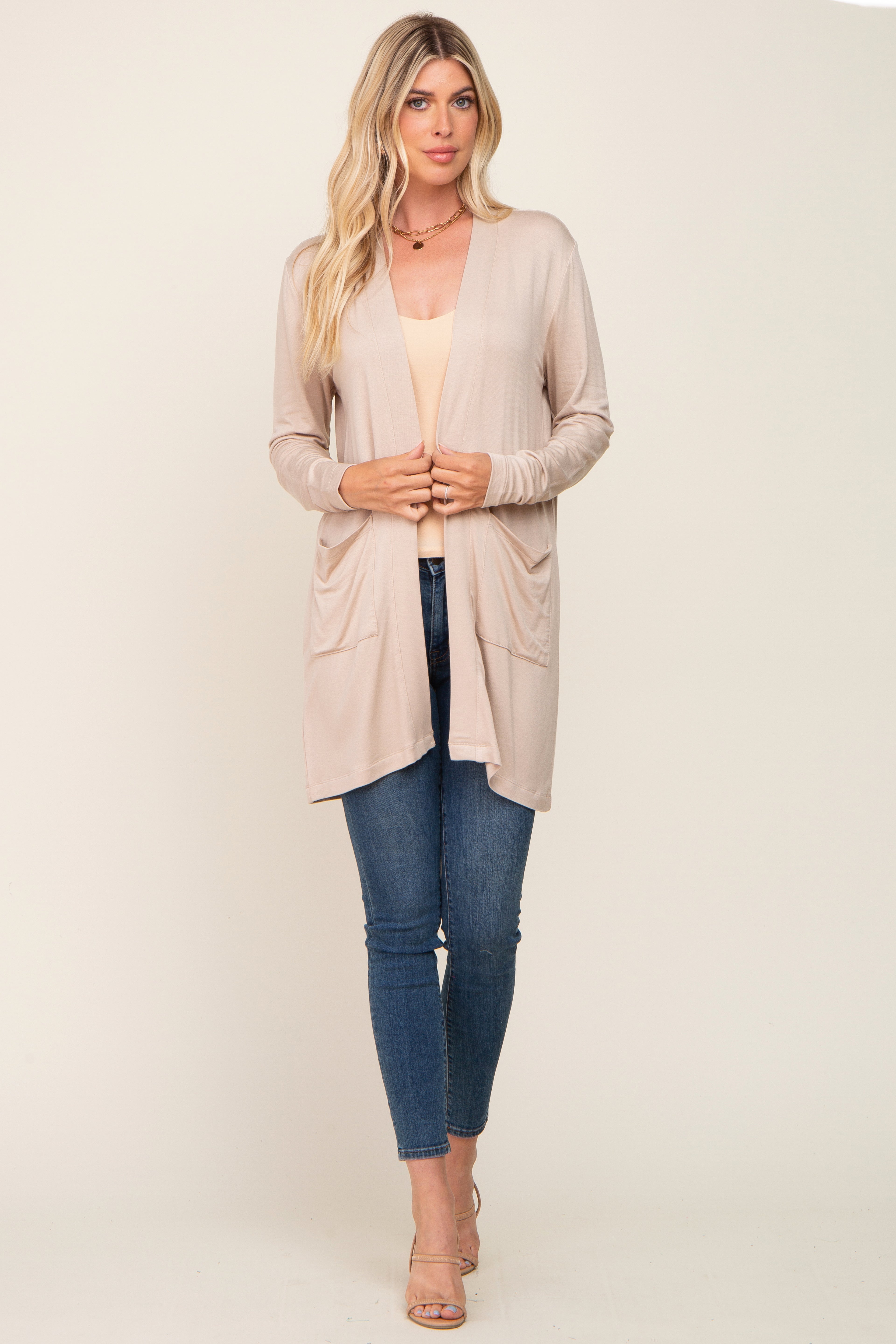 Beige Open Front Cardigan with Side Pockets - Cozy Knit Sweater for Women | Perfect for Casual Outfits, Layering & Fall Fashion