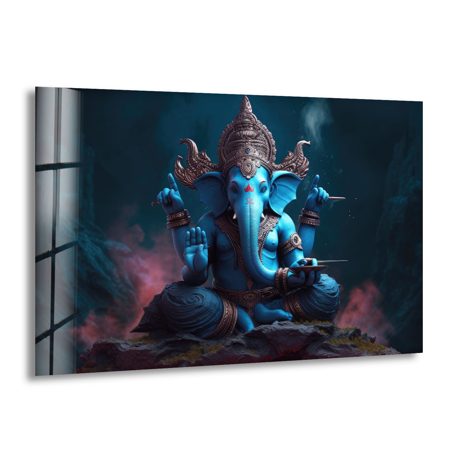 Blue Ganesha Wall Art - Hindu Deity Glass Print for Home & Office Spiritual Decor | Perfect for Meditation Rooms, Yoga Studios & Sacred Spaces