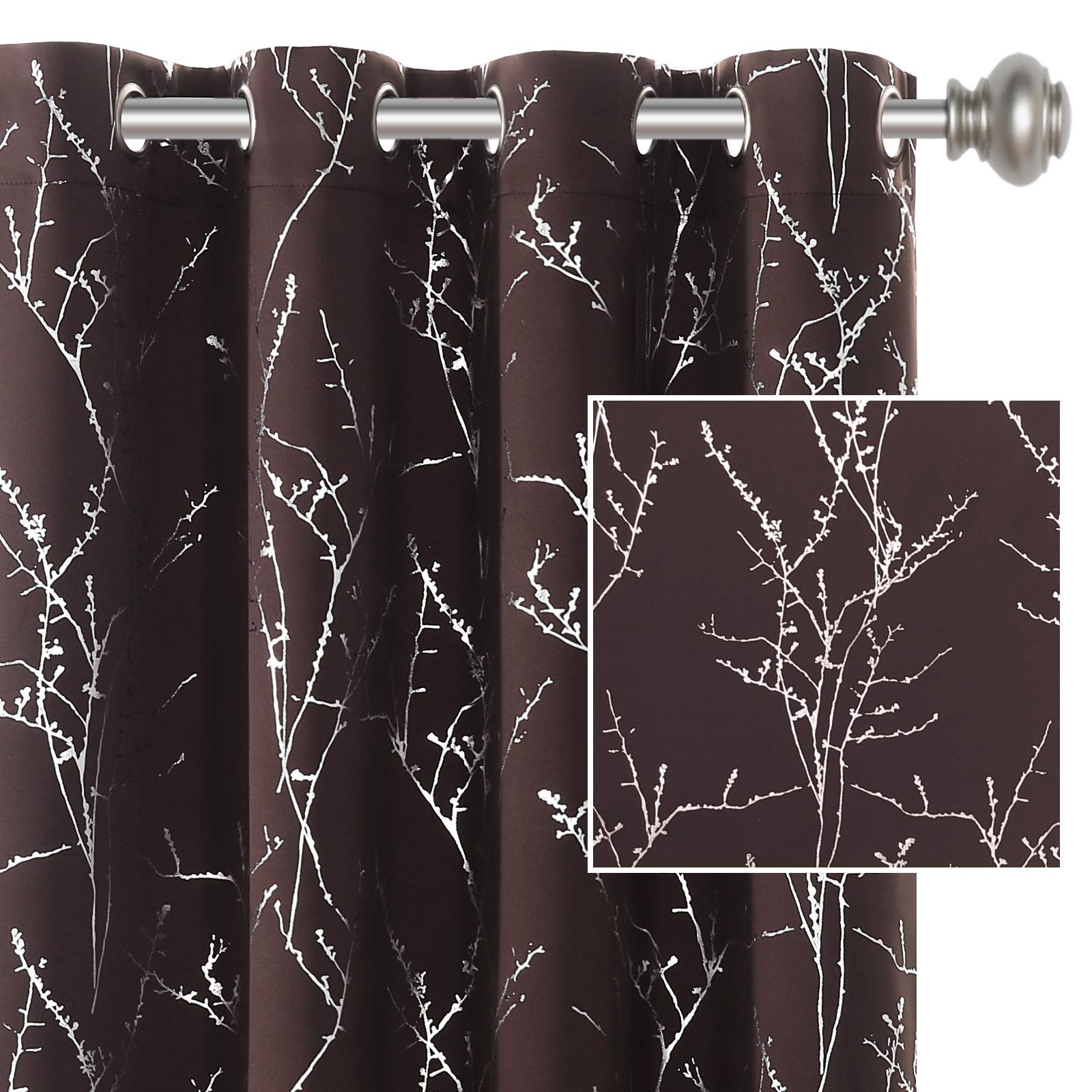 Thermal Insulated Blackout Curtains 52x84 Inch - 2 Panels Brown Twig Tree Branch Foil Print Grommet Drapes for Bedroom & Living Room, Light Blocking Soft Thick Window Curtains - Perfect for Home Theater, Nursery & Night Shift Workers