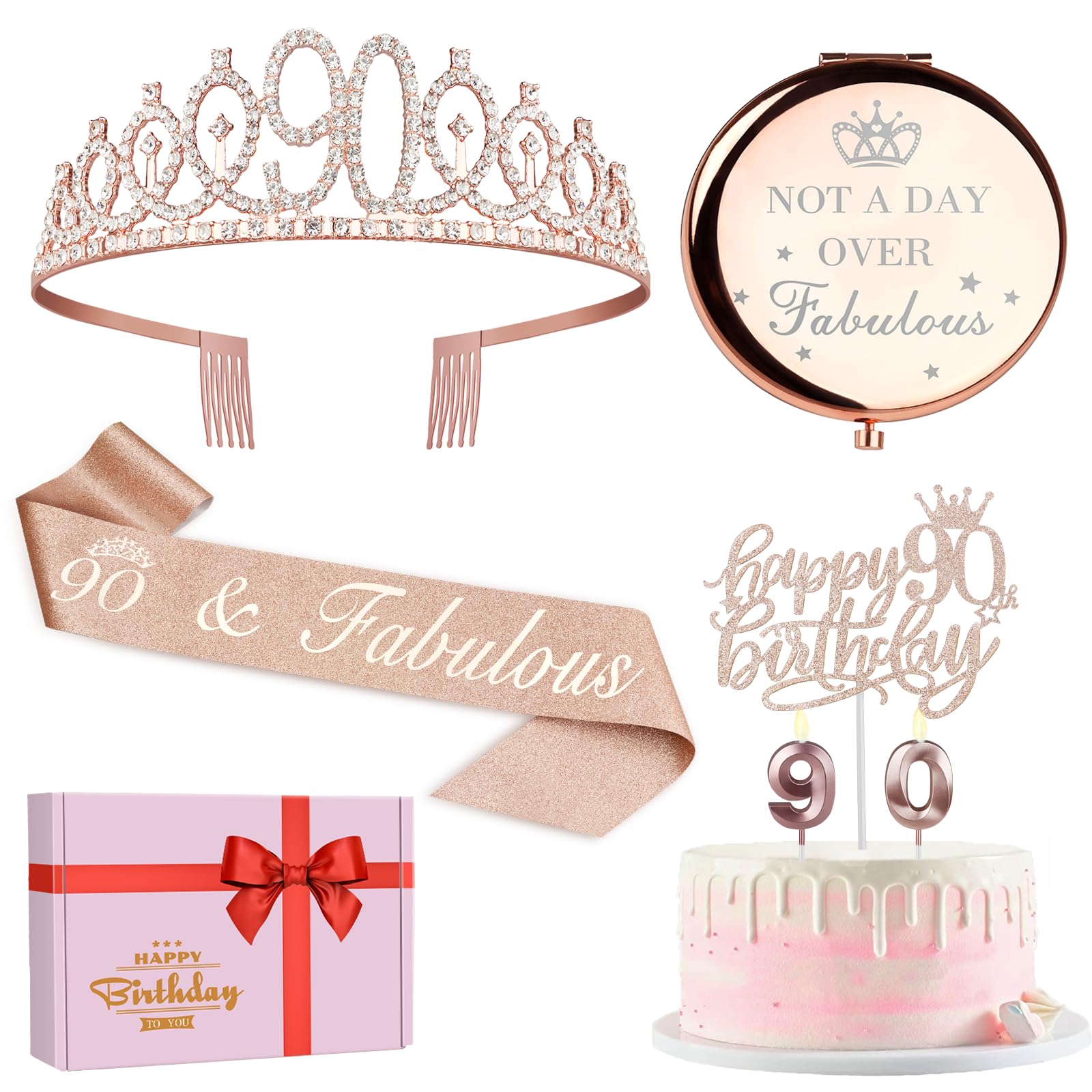 90th Birthday Party Decorations for Women - 'Not a Day Over Fabulous' Compact Mirror, Sash & Crown Set, Cake Topper & Candles - Perfect 90 Year Old Gifts for Grandma, Mother & Senior Women (Great for Milestone Celebrations & Photo Booths)