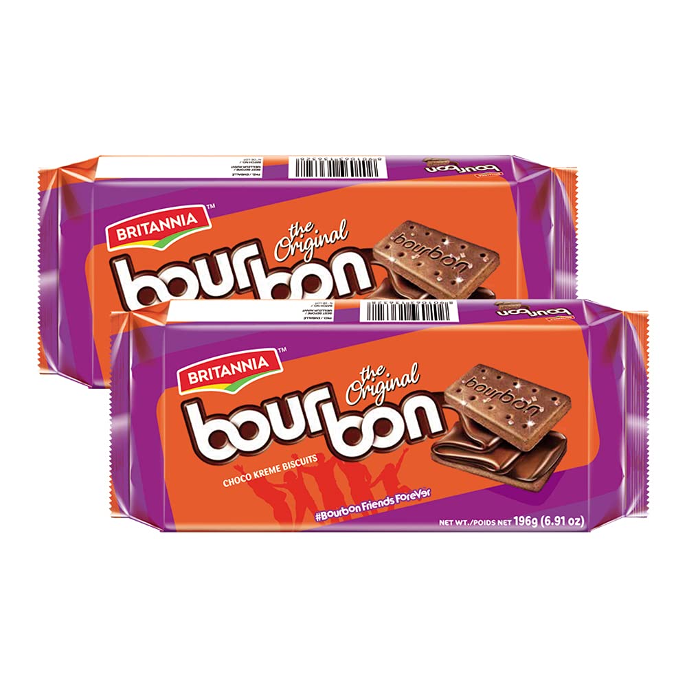 Britannia Bourbon Original Chocolate Cream Biscuits 6.91oz (196g) - Pack of 2 - Crunchy Cookies with Smooth Chocolate Filling & Sugar Topping - Perfect for Breakfast, Tea Time, Office Snacks & Kids Lunchboxes