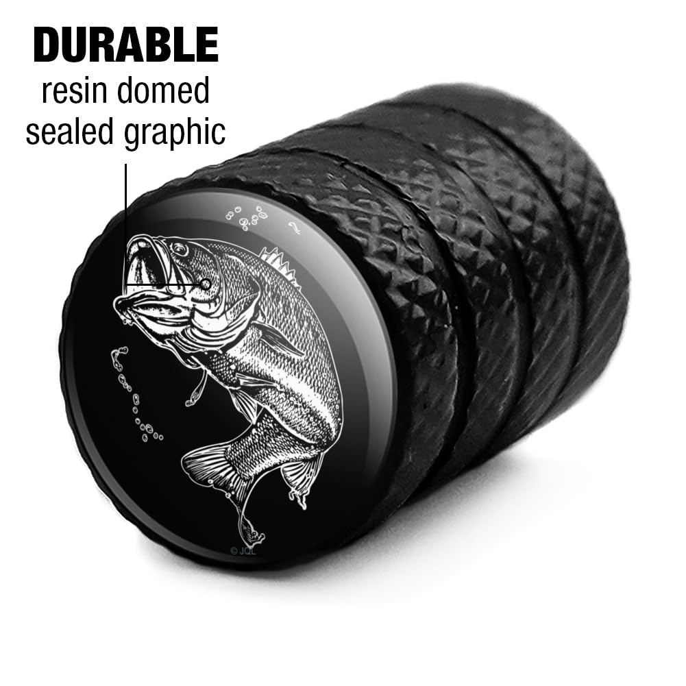 Premium Black Aluminum Valve Stem Caps for Motorcycle & Bicycle Wheels - Largemouth Bass Fishing Design - Perfect for Outdoor Enthusiasts and Bike Accessories