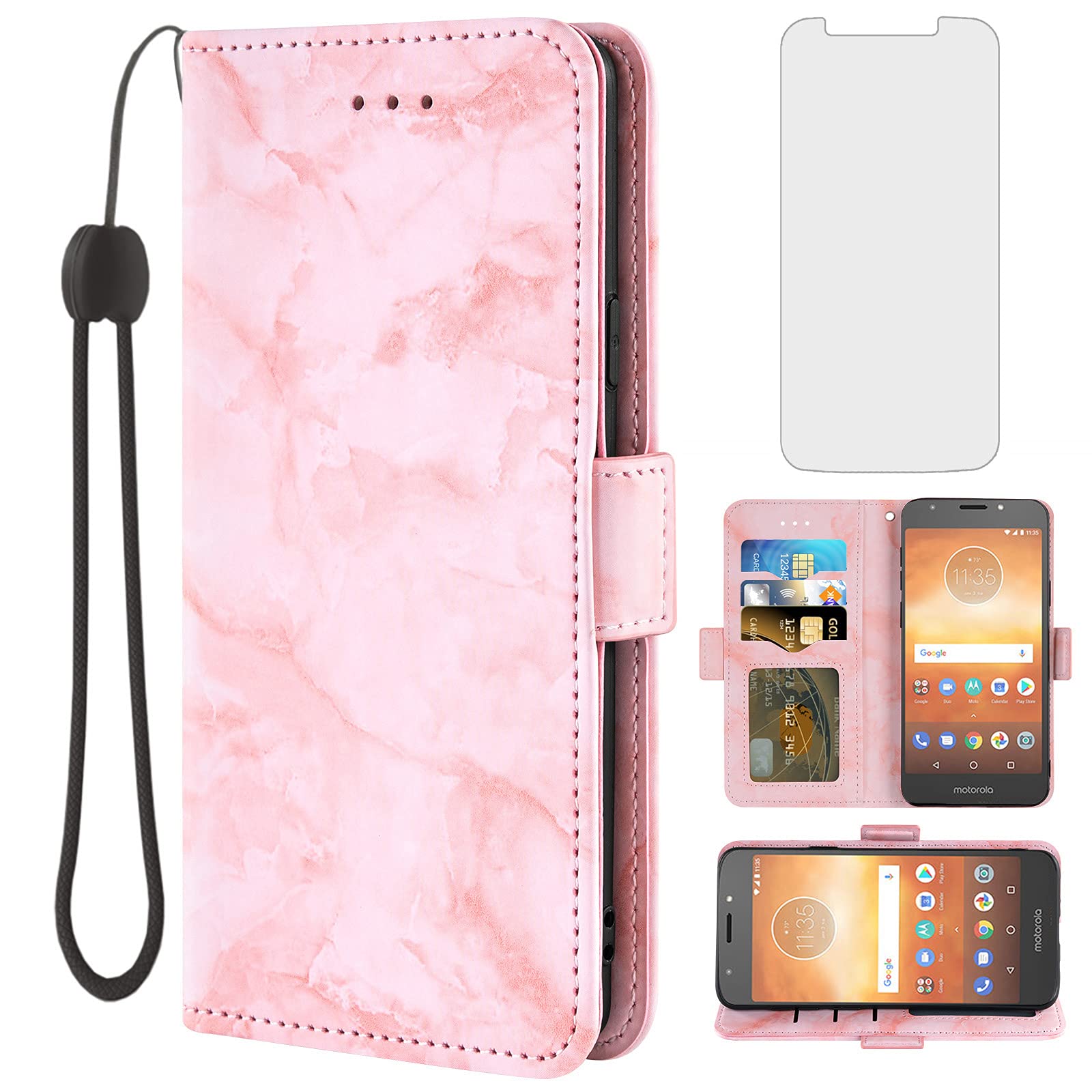 ASUWISH Marble Flip Wallet Phone Case with Card Holder & Kickstand + Tempered Glass Screen Protector - Compatible with Motorola Moto E5 Play/E5 Cruise/5E/Go - Stylish Protection for Everyday Use & Travel (Pink)