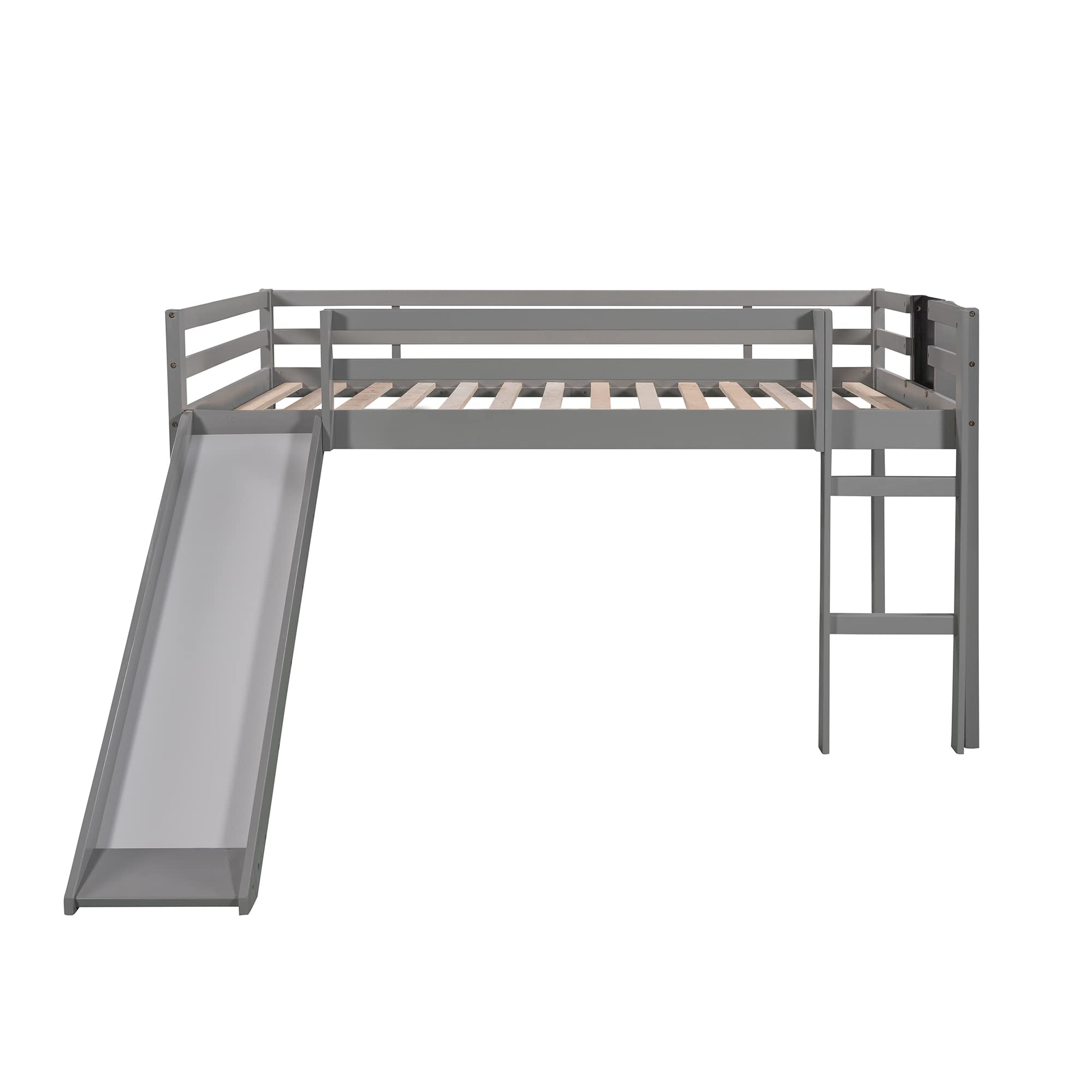 LostCat Full Loft Bed with Slide & Ladder - Low Profile Wooden Loft Bed for Kids, Teens & Adults - Sturdy Safety Guardrails - No Box Spring Needed (Grey) - Perfect for Small Bedrooms, Dorm Rooms & Kids' Play Areas