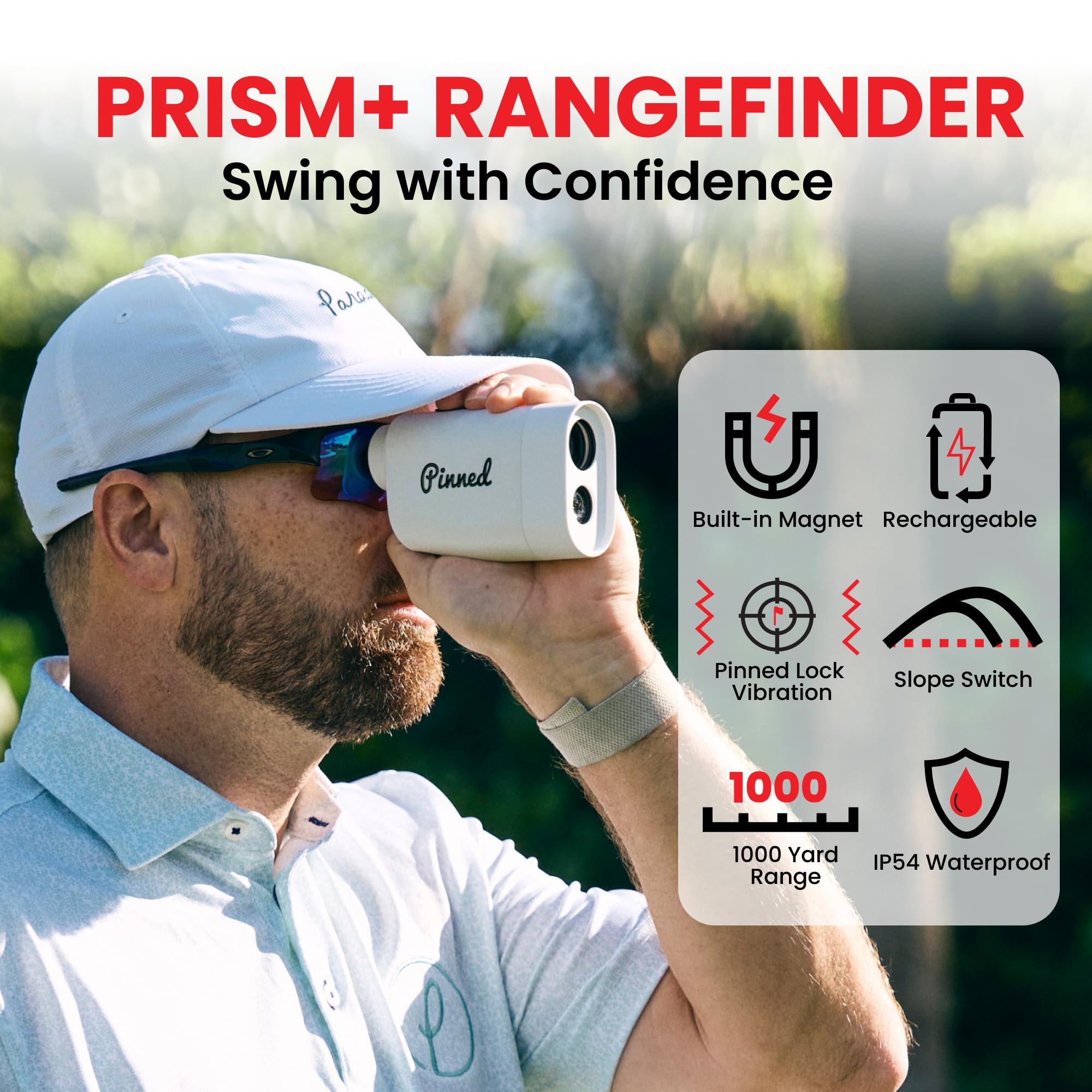 Pinned Prism Slope Golf Rangefinder - USB Rechargeable Laser Distance Finder with Slope Technology & Vibration Lock - Perfect Golf Accessory for Men & Women - Ideal for Course Play, Practice & Tournament Use
